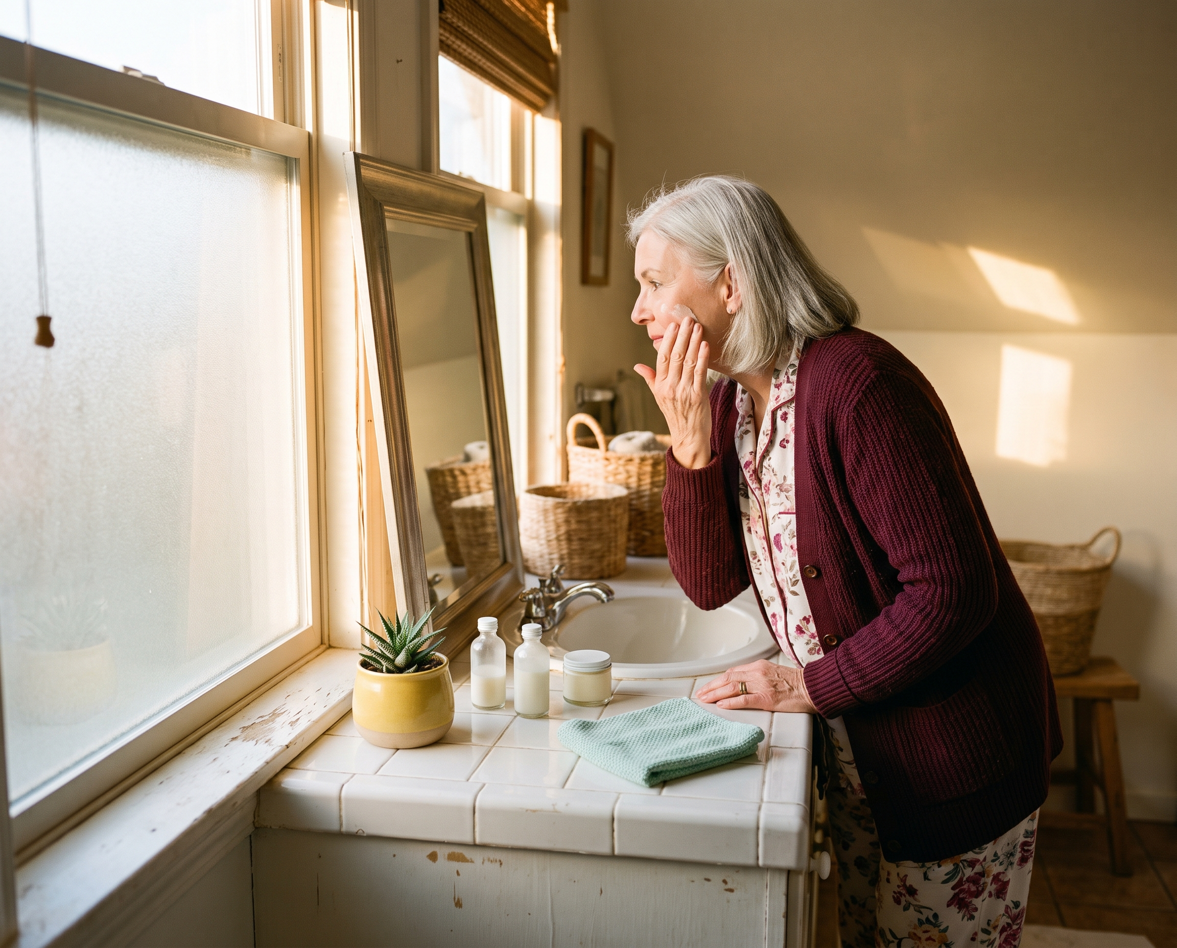 Woman in her 70s in a burgundy cardigan applying moisturizer at a sunlit bathroom counter