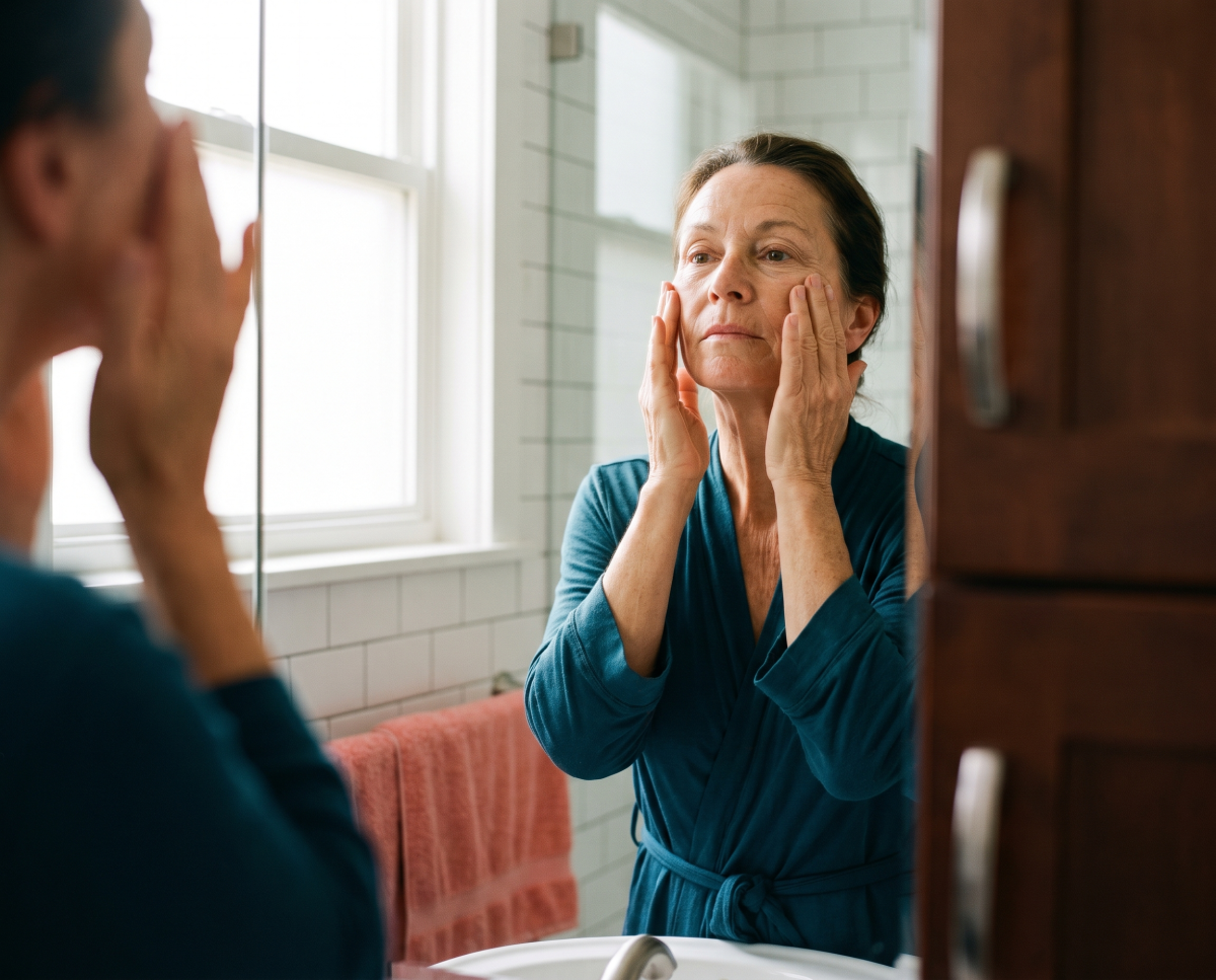Woman examining her face in a bathroom mirror