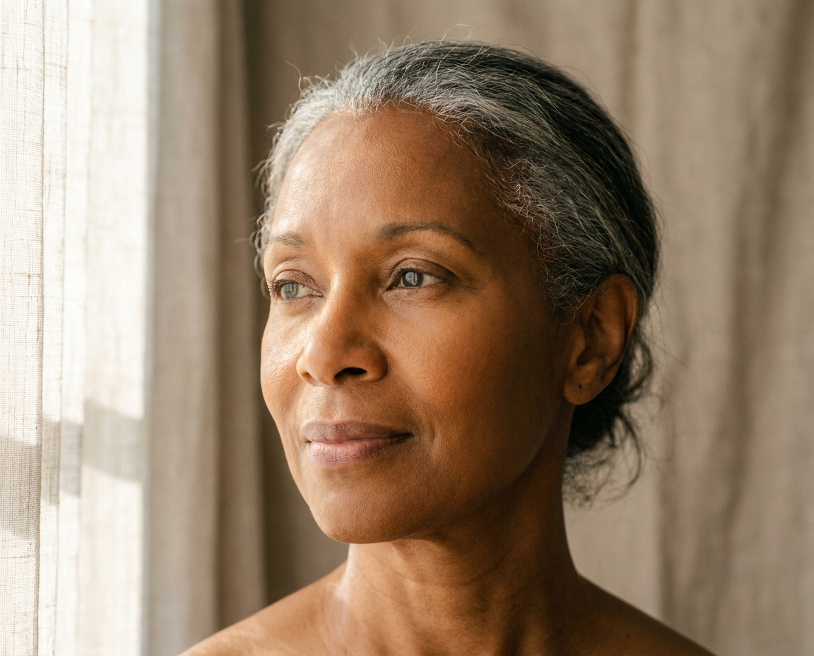 Close-up portrait of a woman in her early 60s with smooth, even-toned skin looking off-camera in warm diffused light