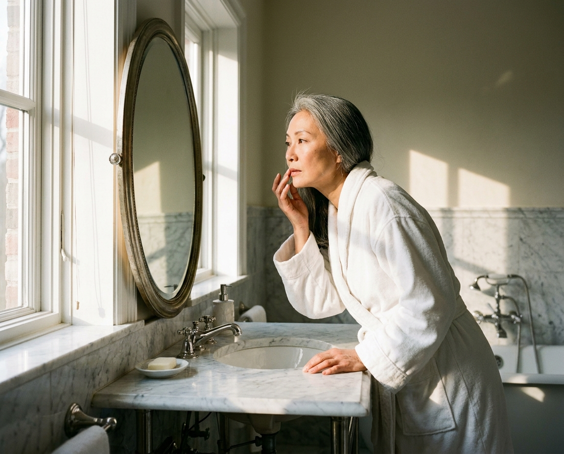 An Asian woman in her late 40s in a white robe examining her face at a marble bathroom vanity in morning light