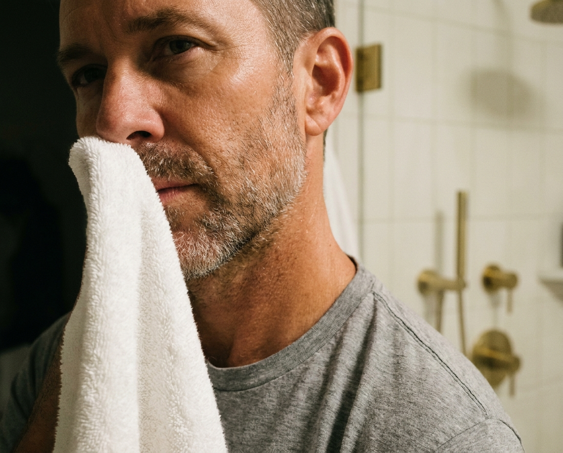 A man in his early 50s with clear skin patting his face dry with a white towel in a minimal bathroom