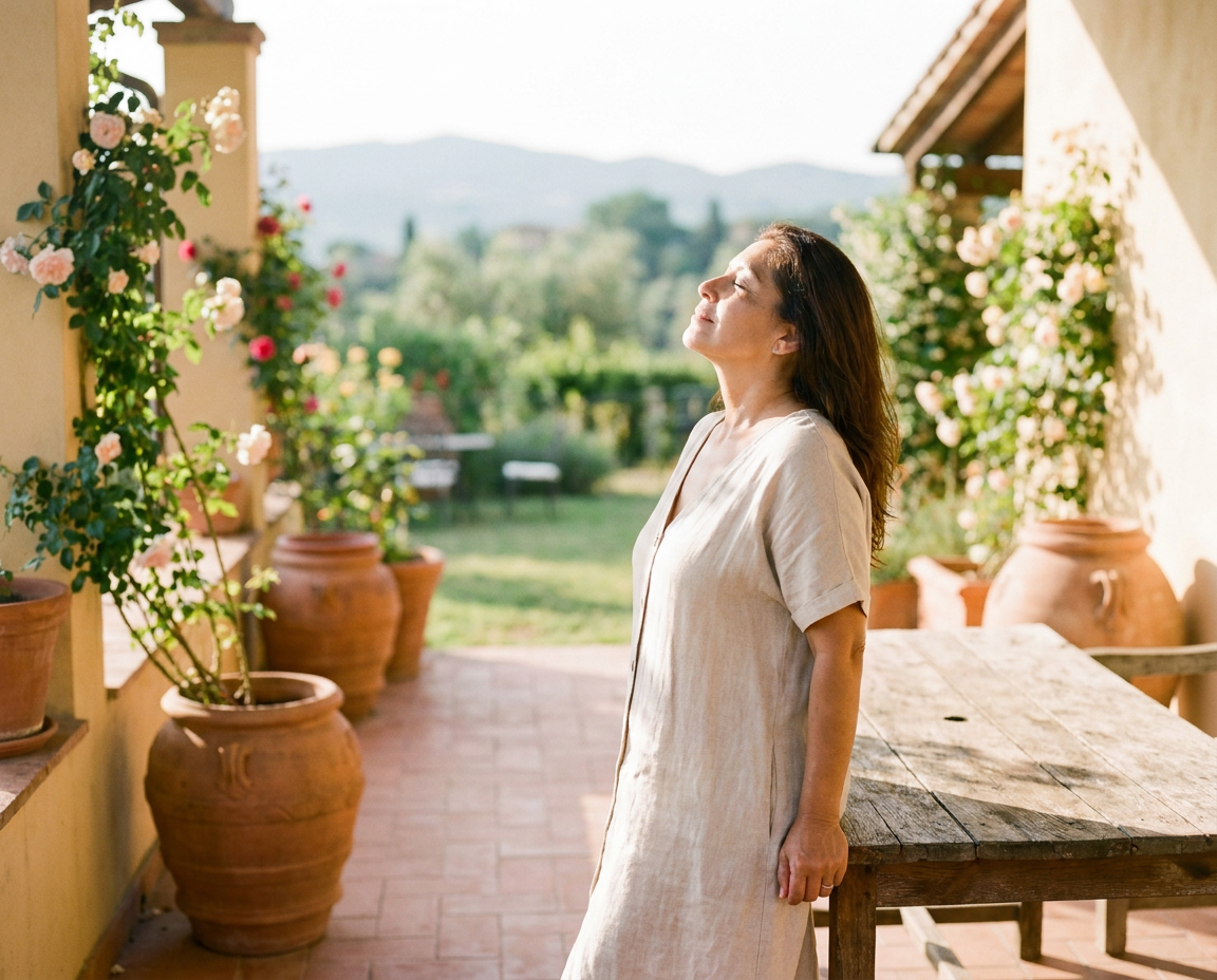A Latina woman in her mid-50s on a sun-drenched terrace with her face tilted upward in soft golden morning light