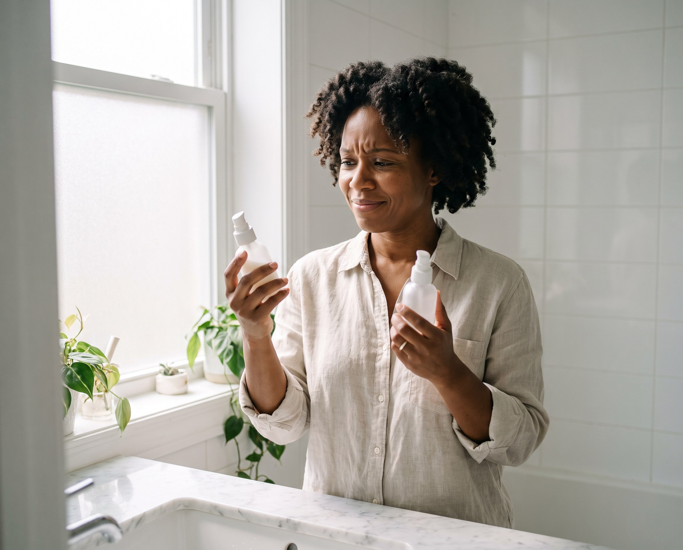 Black woman in her mid-40s examining two skincare serum bottles at a marble bathroom vanity