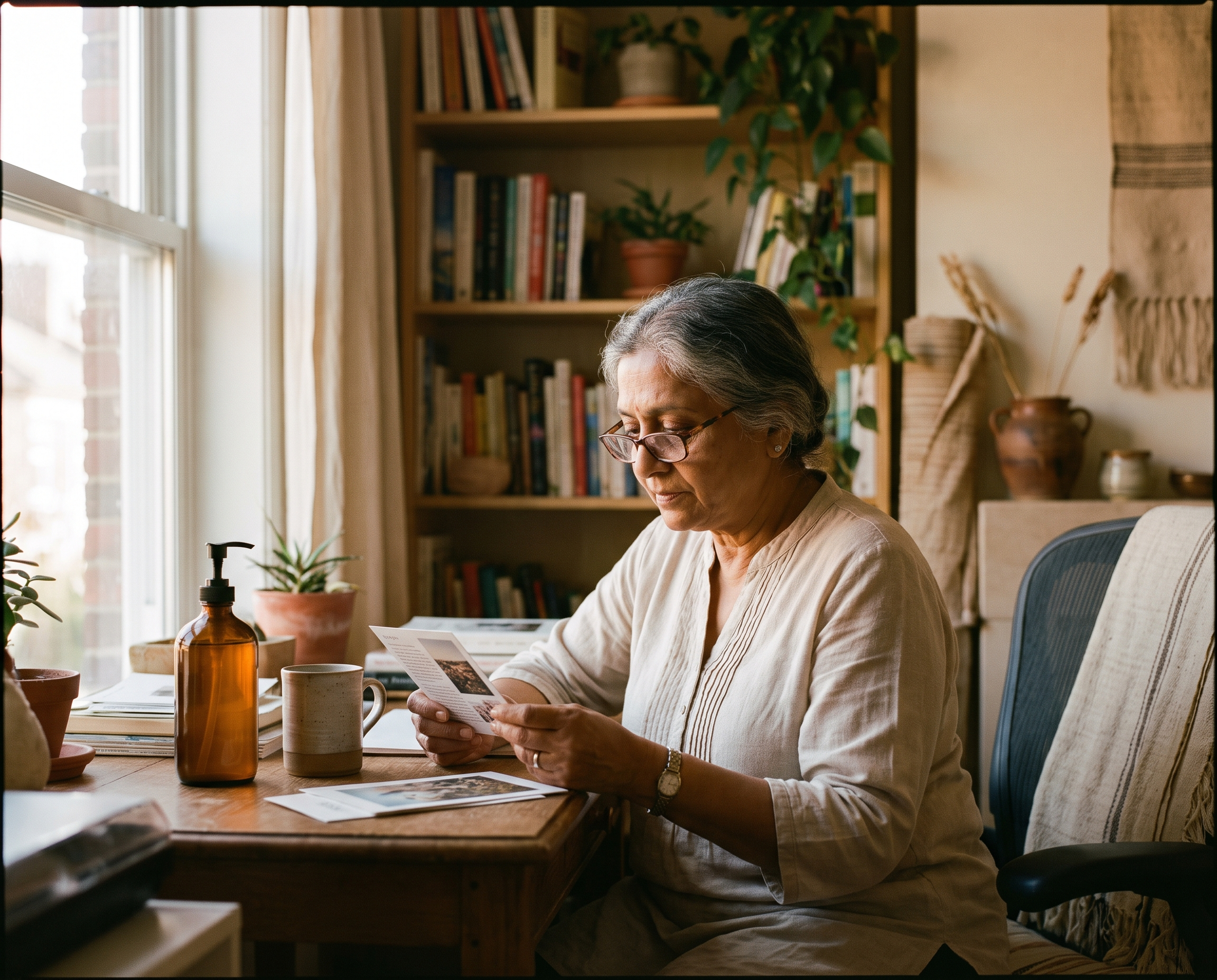 South Asian woman in her early 60s reading skincare ingredient information at a sunlit home desk