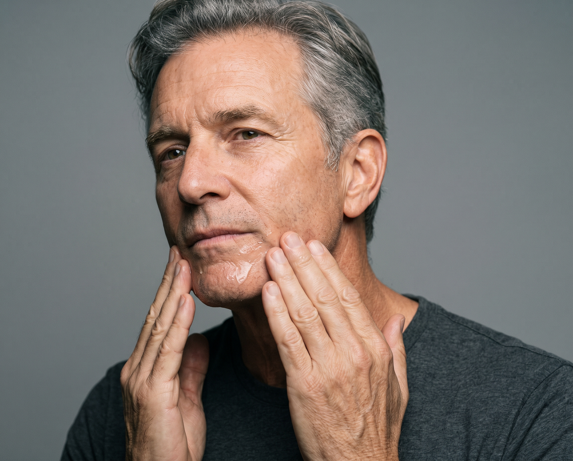 Caucasian man in his early 60s applying a clear serum to his jawline, studio lighting