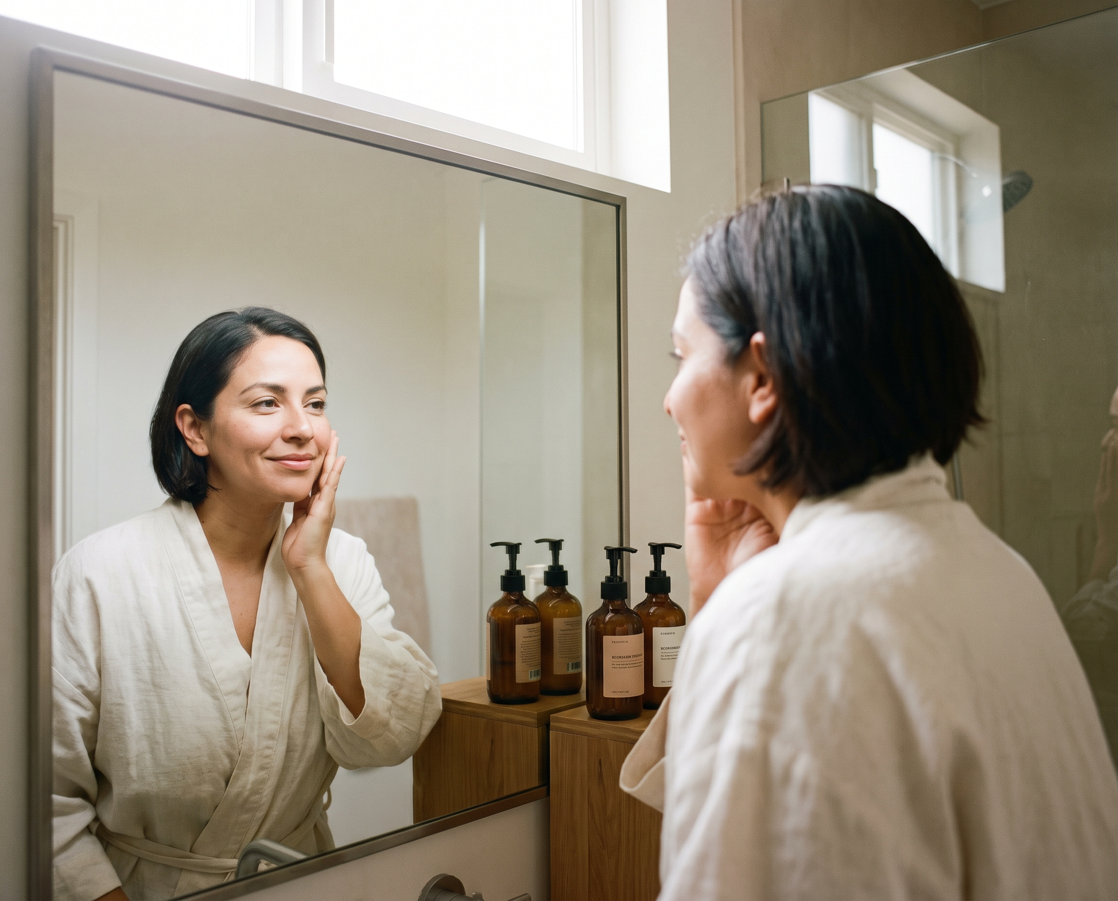Latina woman in her mid-30s in a bright bathroom looking at her reflection while touching her cheek