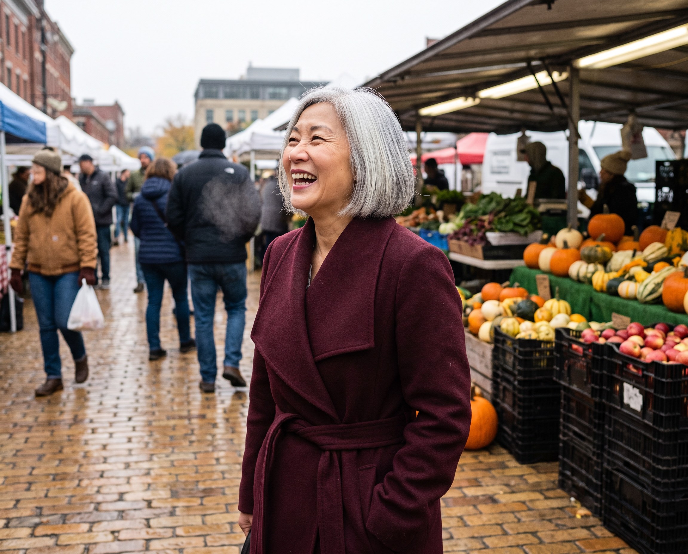 East Asian woman in her mid-50s with a silver bob and burgundy wrap coat laughing at a colorful autumn farmers market