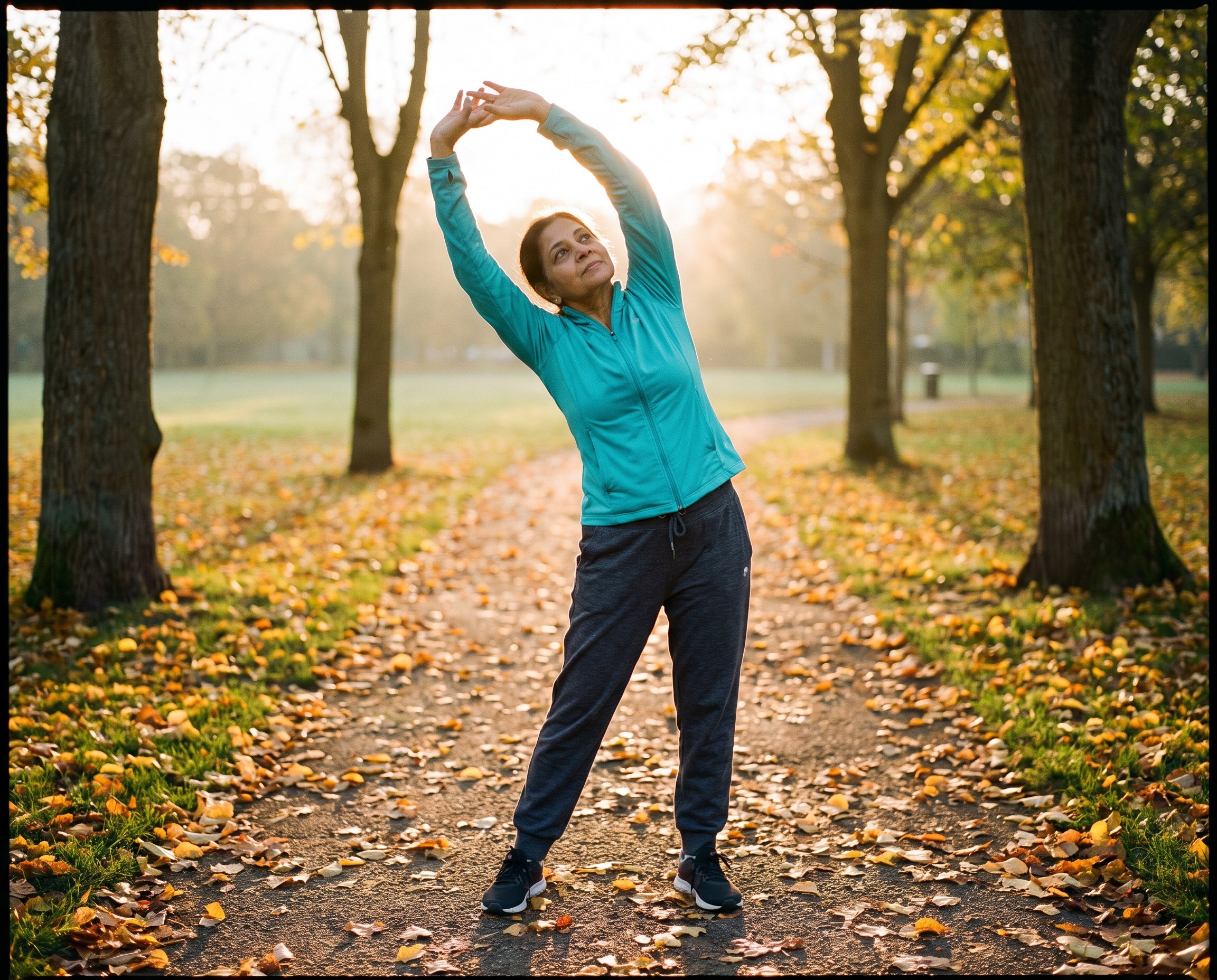 South Asian woman in her early 60s in a bright teal jacket stretching outdoors in an autumn park with golden backlight