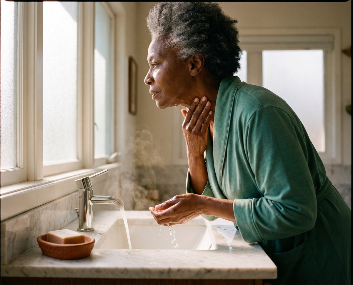 Woman washing face at bathroom sink