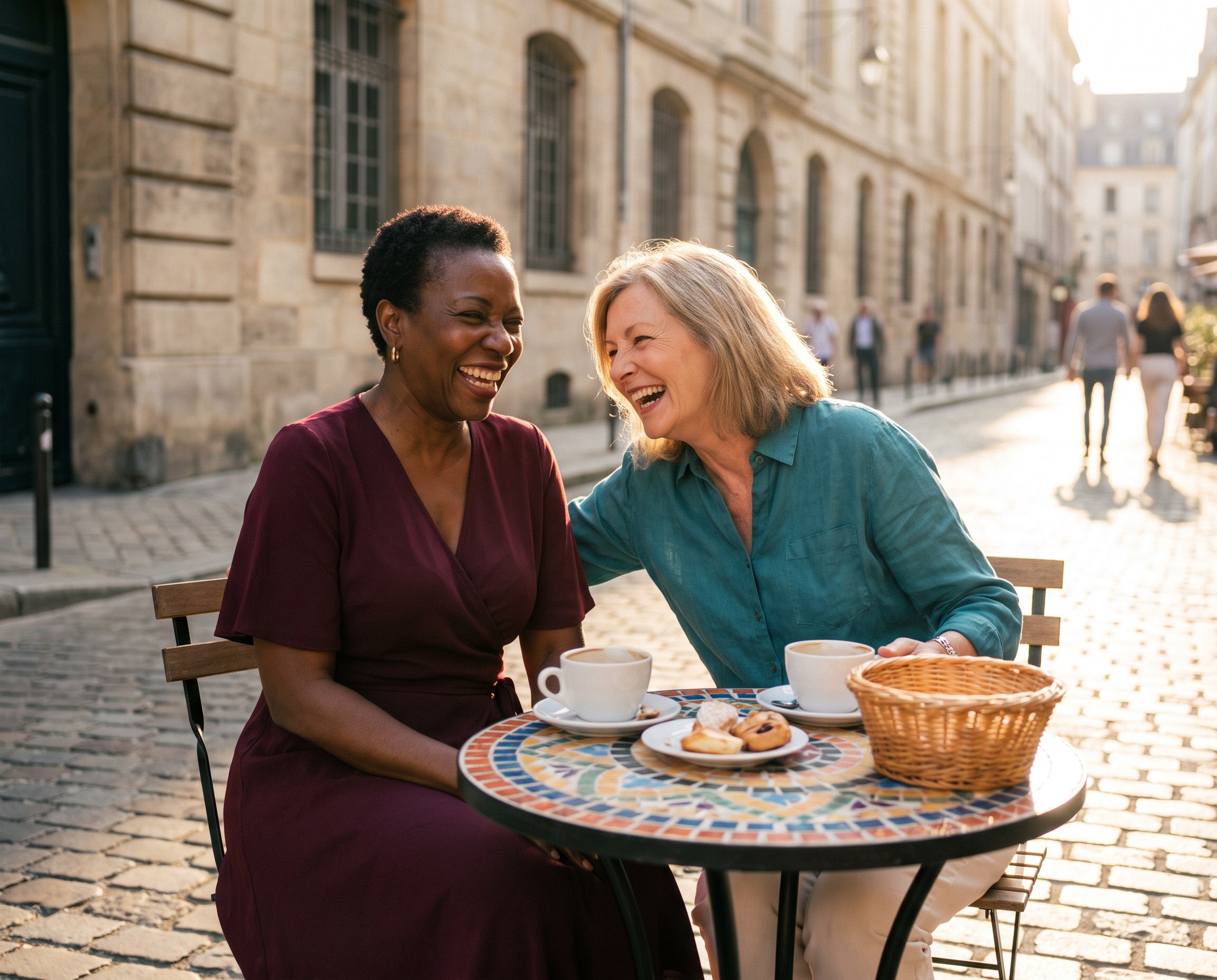 Two women in their 60s laughing together at an outdoor bistro table in golden afternoon light