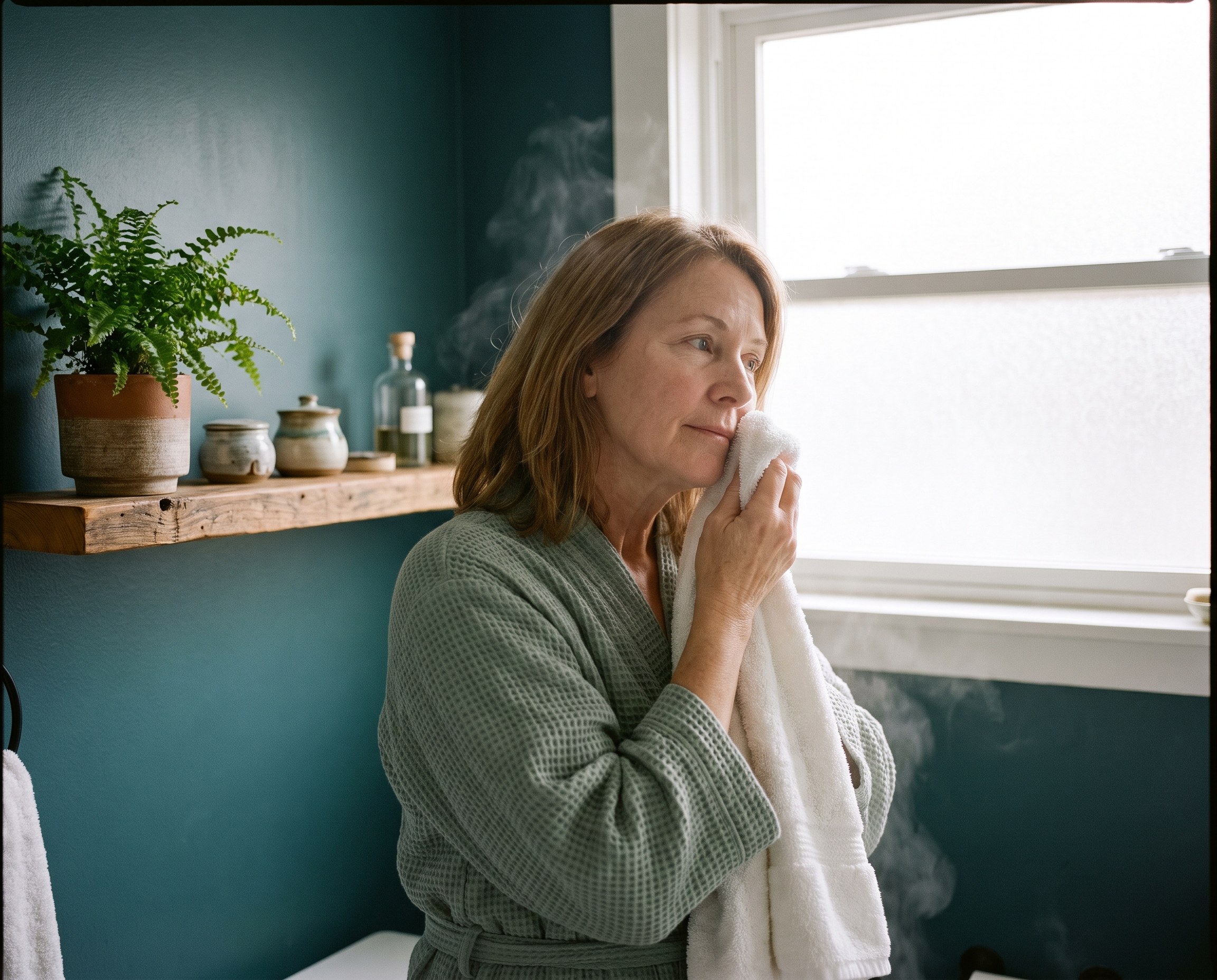A woman in her mid-50s gently patting skin dry with a towel in a bathroom with teal walls