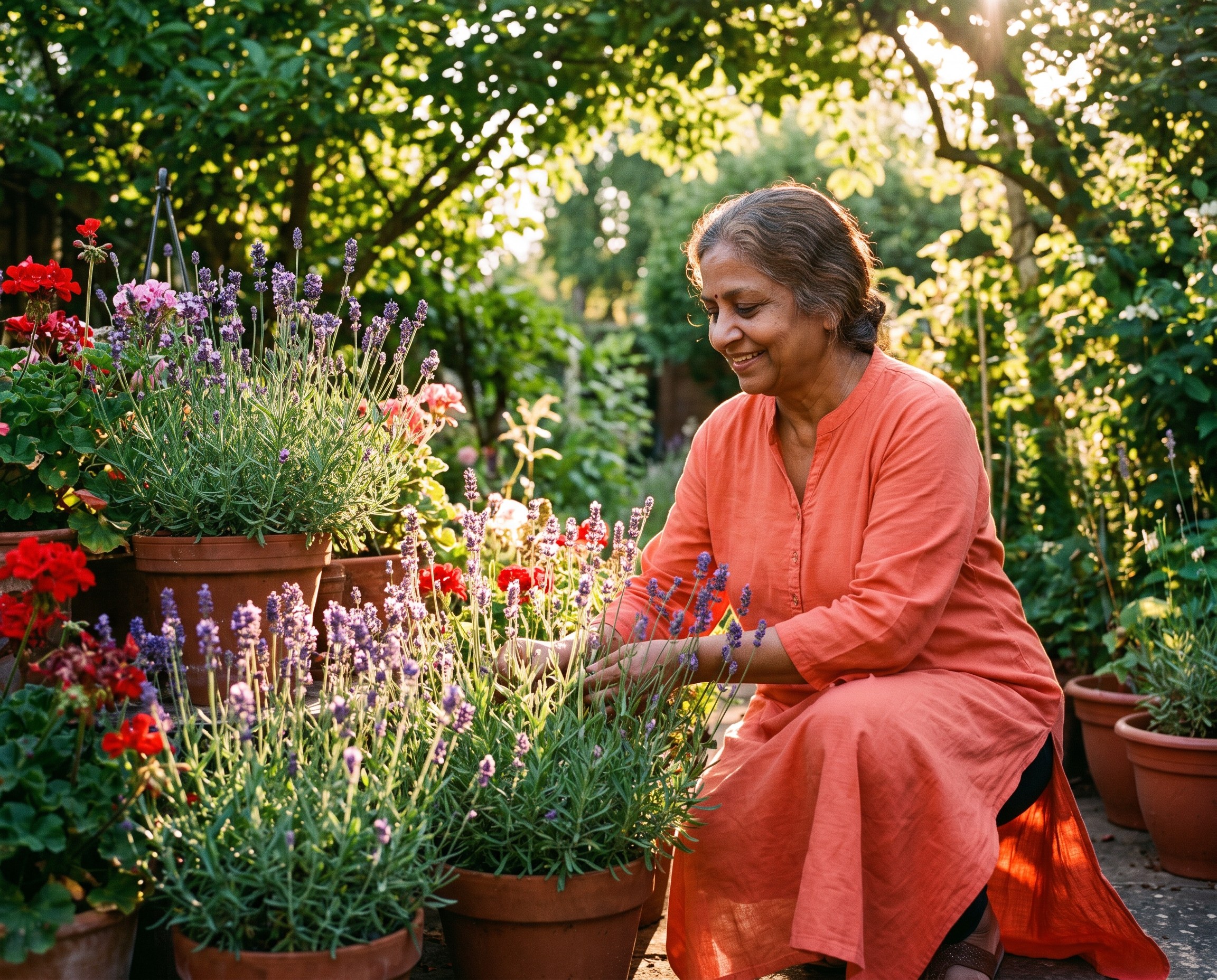 A South Asian woman in her late 50s in a coral kurta tending a lush garden with terracotta pots and lavender