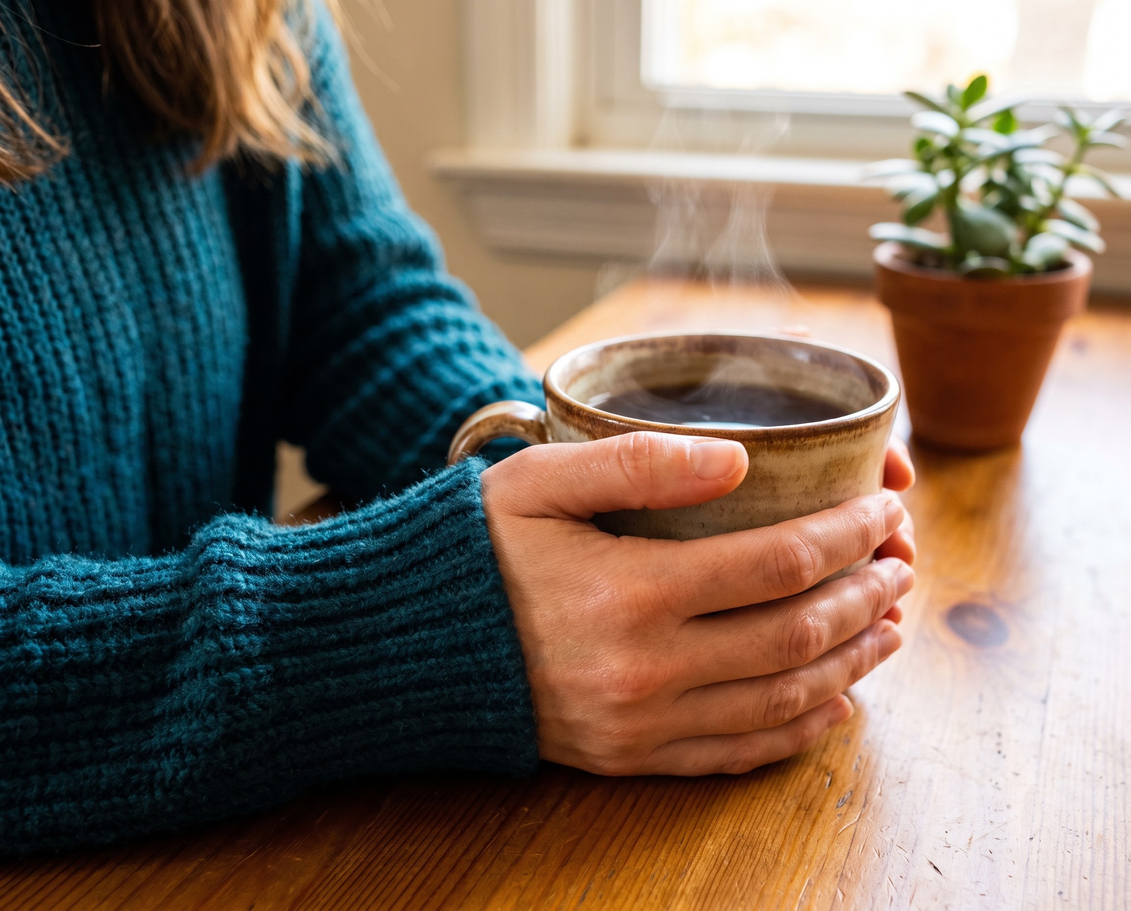 Close-up of smooth forearm and hand wrapped around a steaming ceramic mug, wearing a deep teal knit sweater