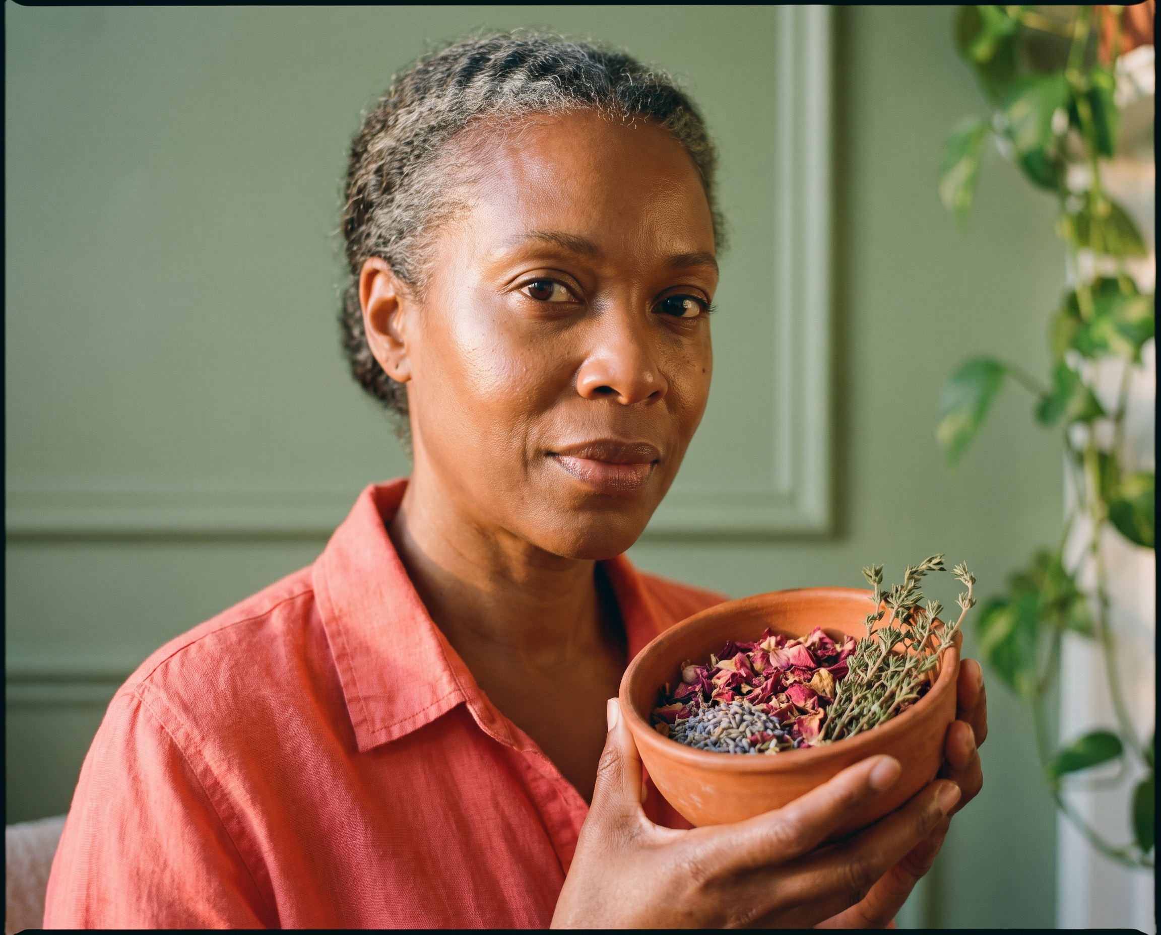 Close-up portrait of a Black woman in her early 50s holding a terracotta bowl of rose petals, wearing a coral linen blouse against a sage green wall
