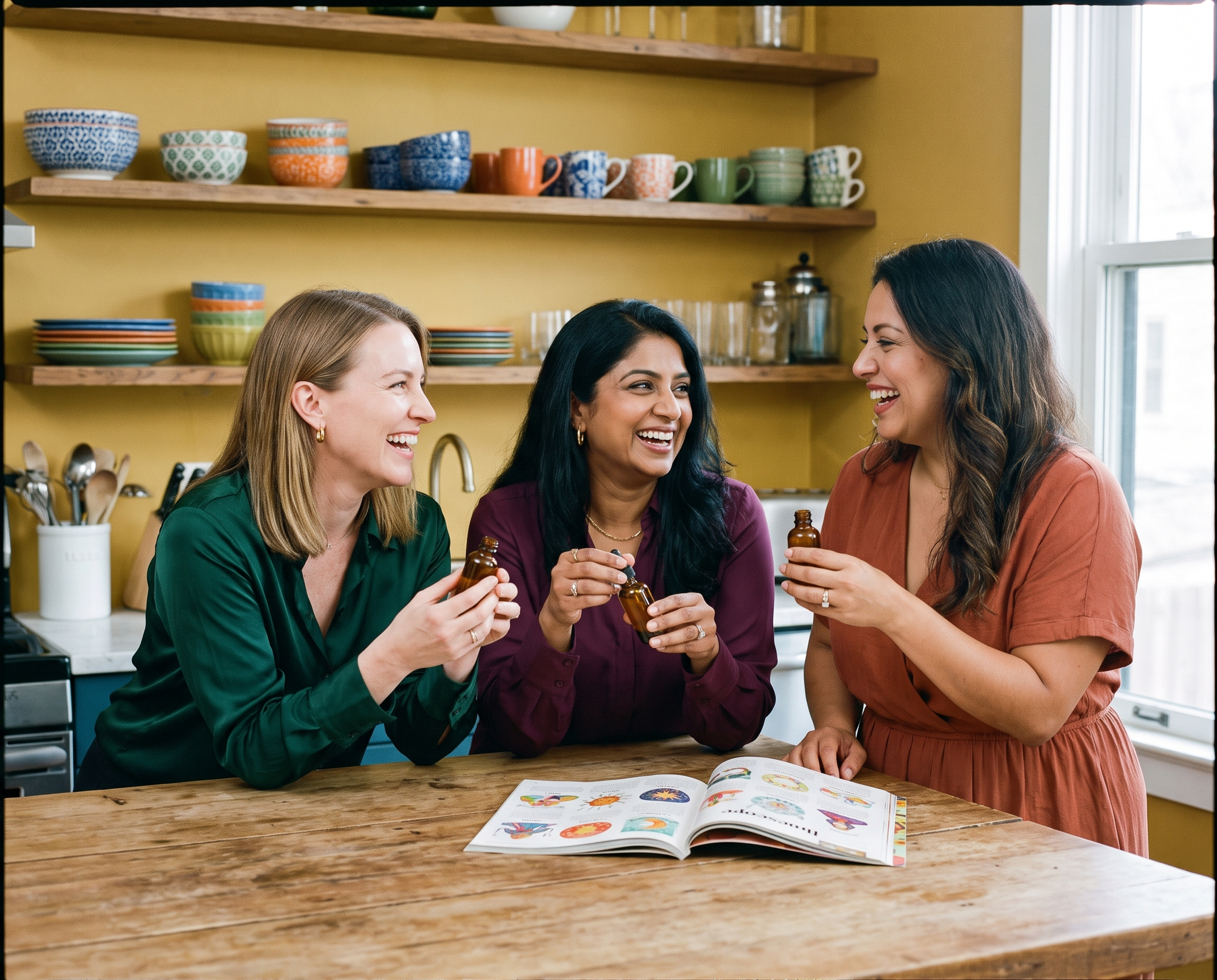 Three diverse women laughing together in a sunlit mustard yellow kitchen, each holding a glass skincare bottle in jewel-tone clothing