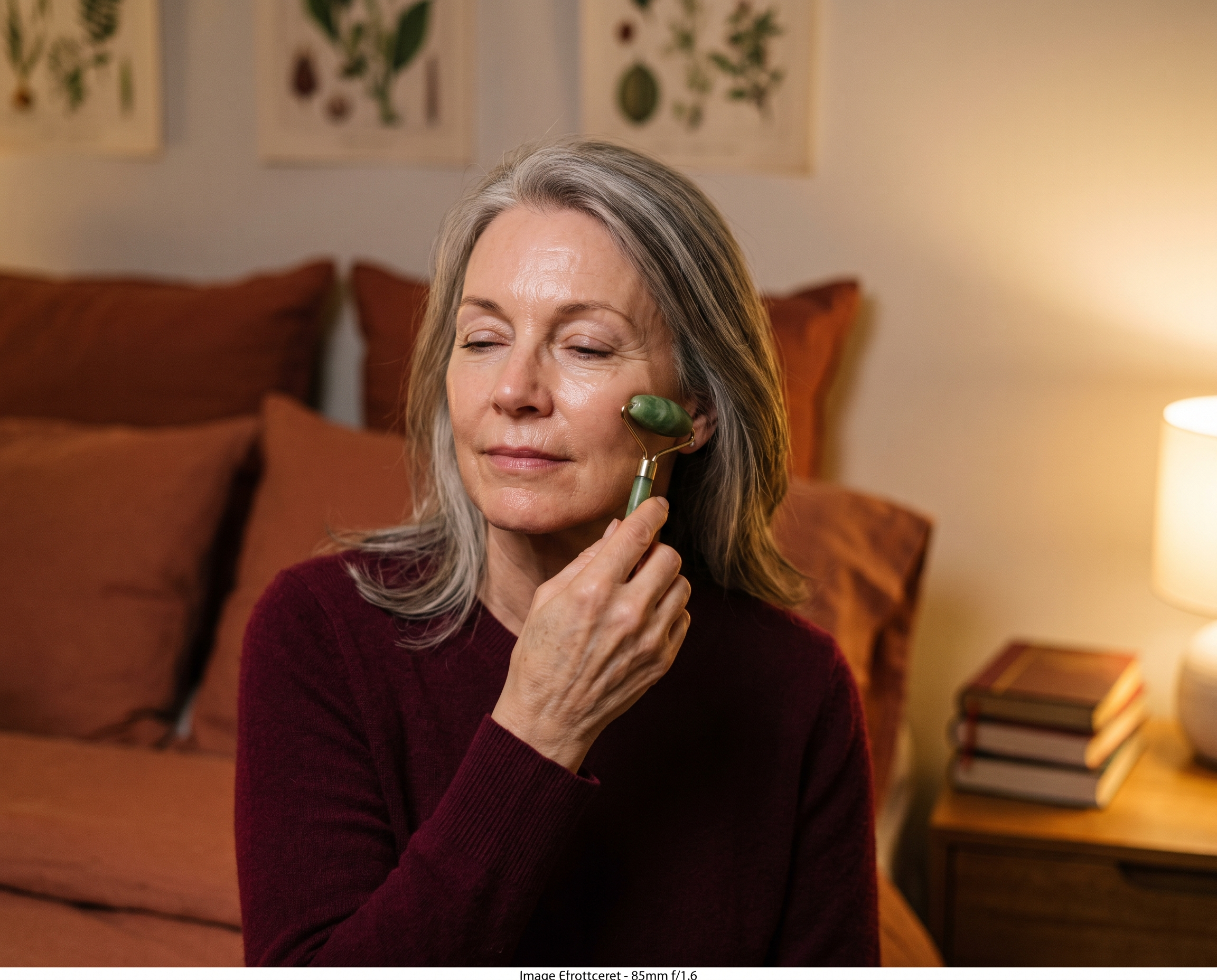 Caucasian woman in her early 60s with beautifully maintained skin pressing a jade roller to her cheek, wearing a rich burgundy cashmere sweater