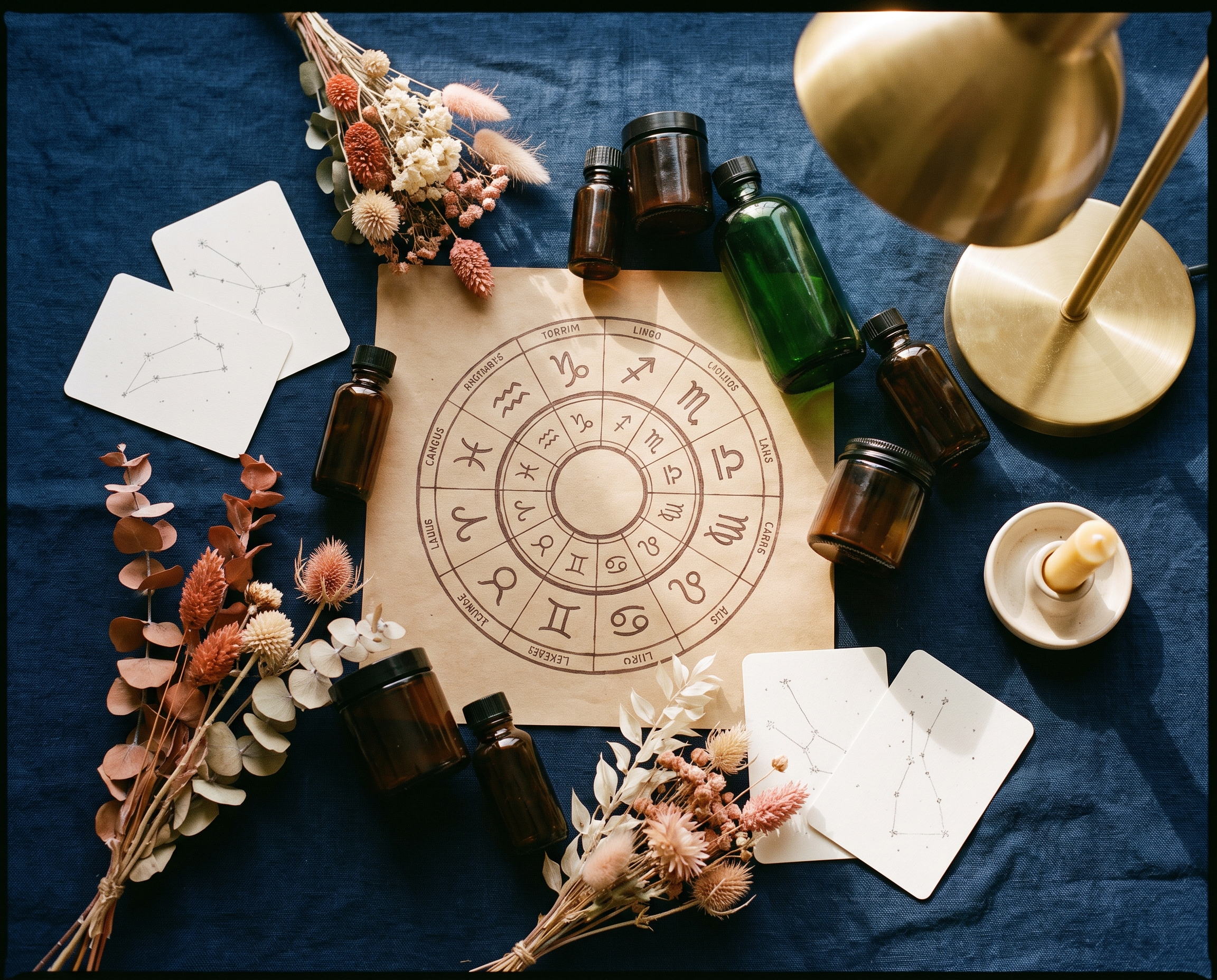 Overhead editorial flat-lay of a hand-drawn zodiac wheel, amber glass skincare bottles, dried terracotta florals, and constellation cards on navy linen