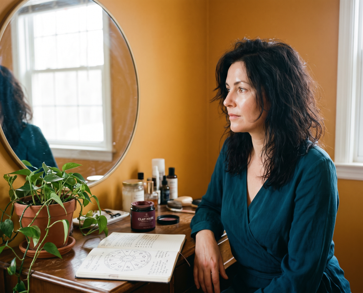 Woman sits beside mirror with skincare and astrology journal