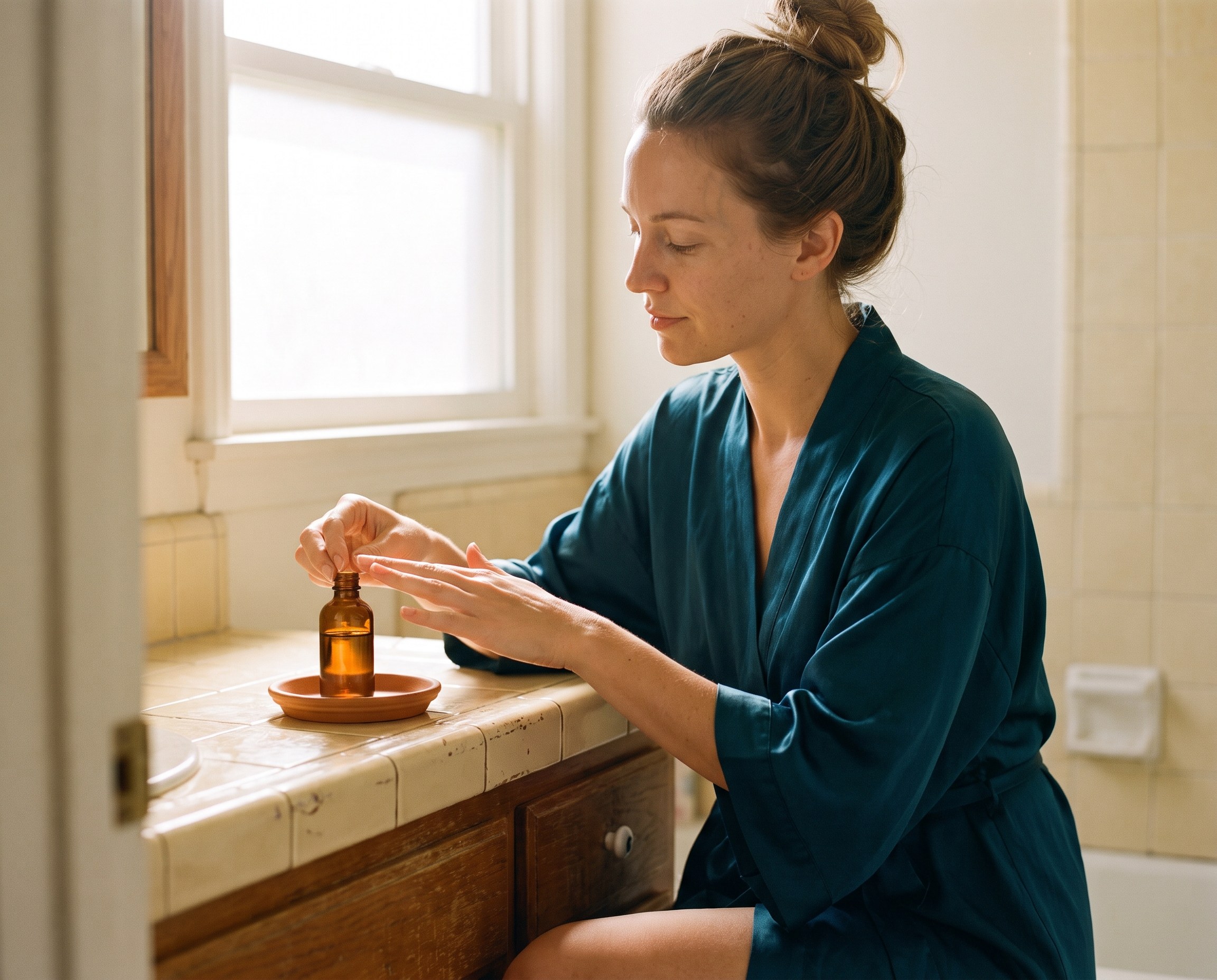Woman applying cuticle oil to her nail beds at a bathroom vanity