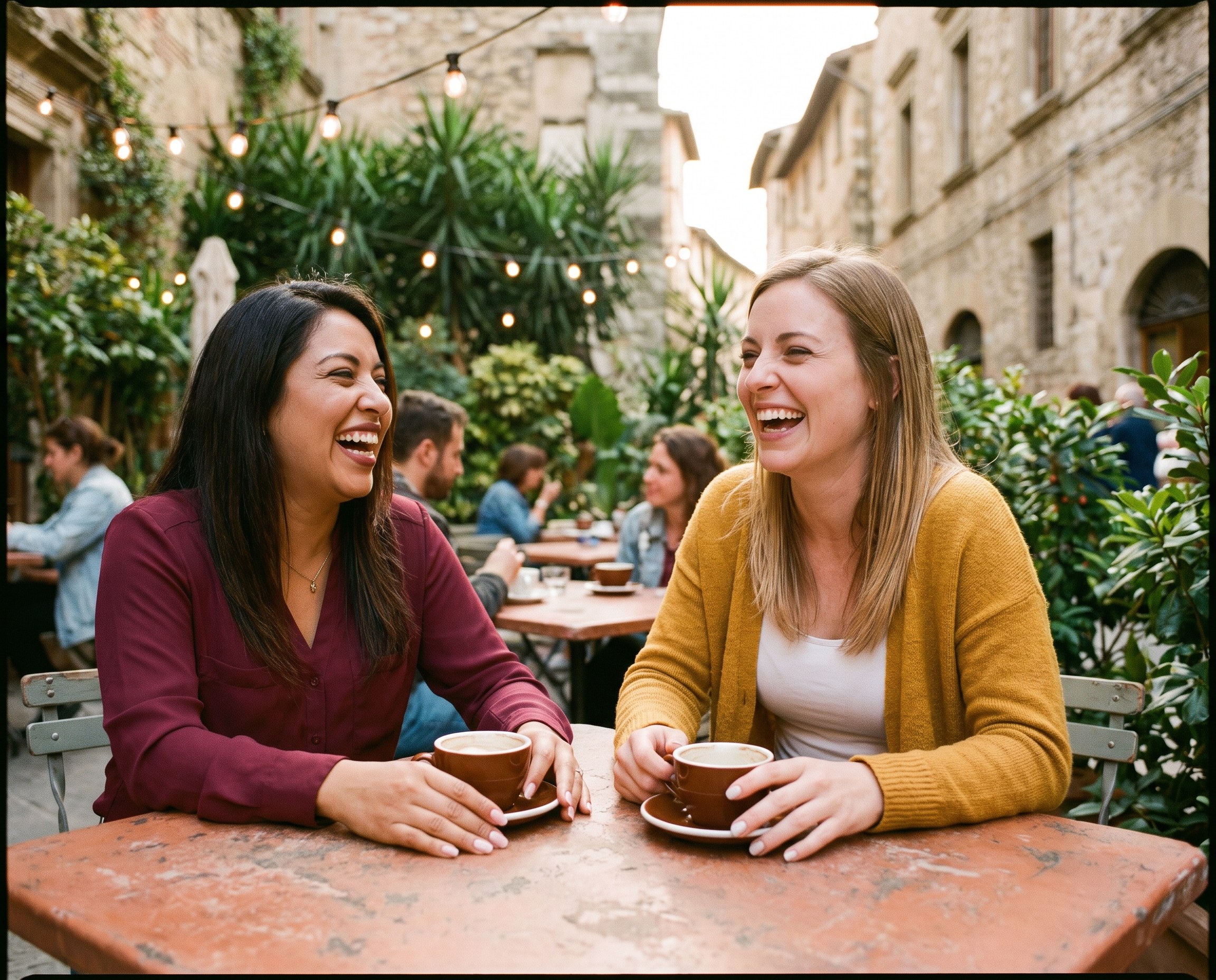 Two friends laughing over coffee at an outdoor cafe table with manicured hands visible