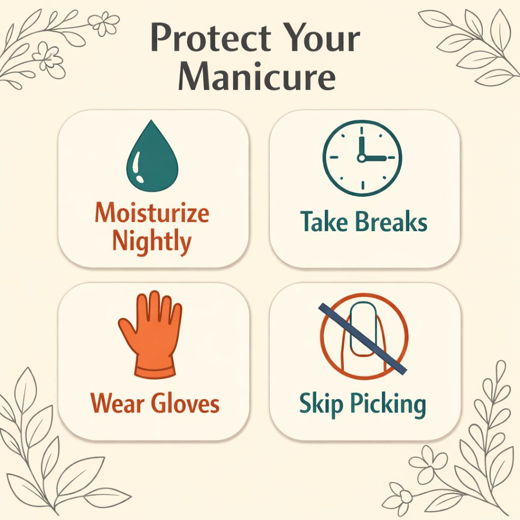 Infographic with four tips for protecting a manicure: moisturize nightly, take breaks, wear gloves, skip picking