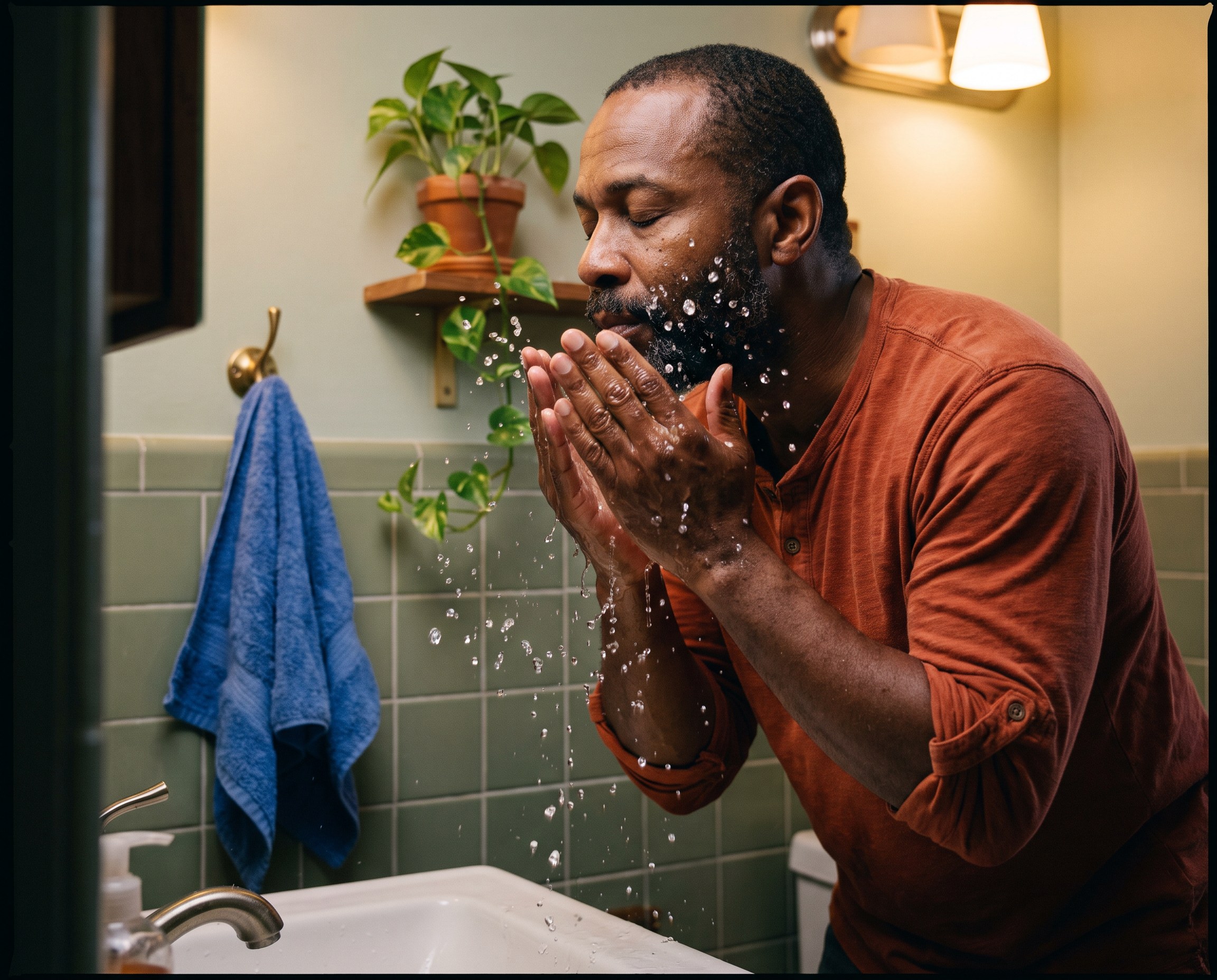 Man in his 50s splashing water on his face at a bathroom sink in the evening