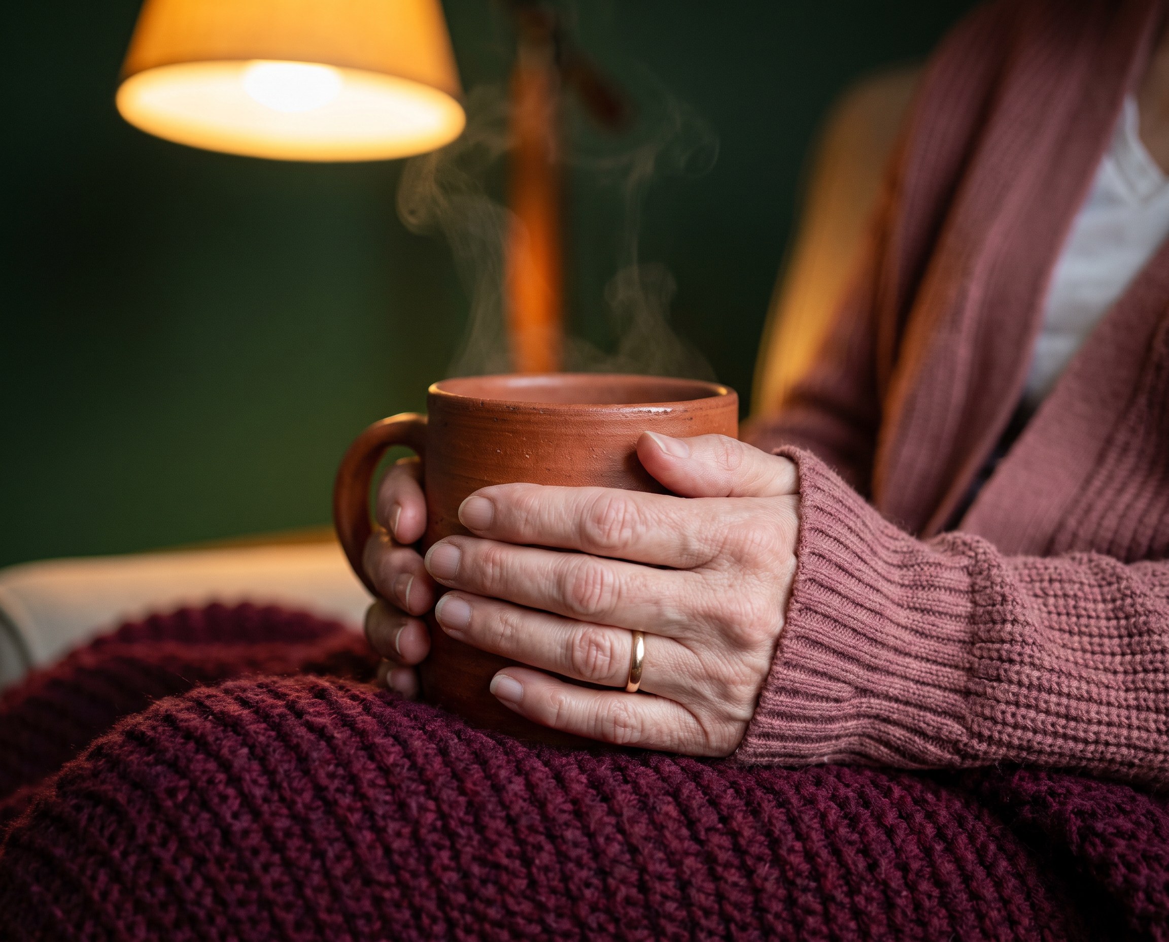 Close-up of hands holding a terracotta mug of chamomile tea on a burgundy blanket