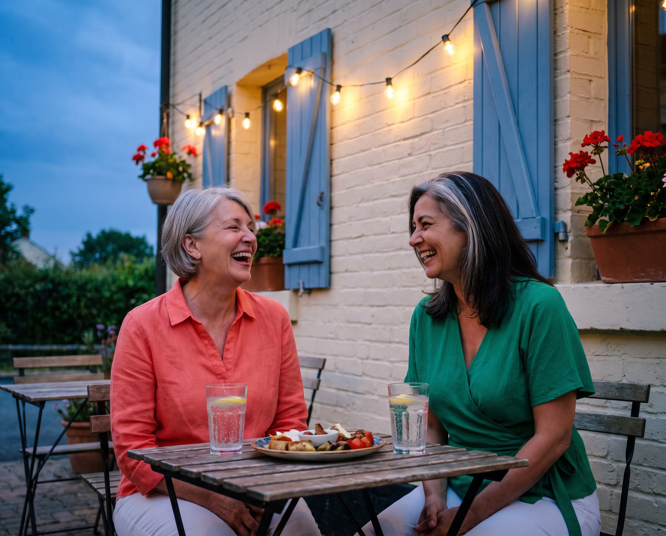 Two friends in their late 50s laughing at an outdoor cafe table at dusk