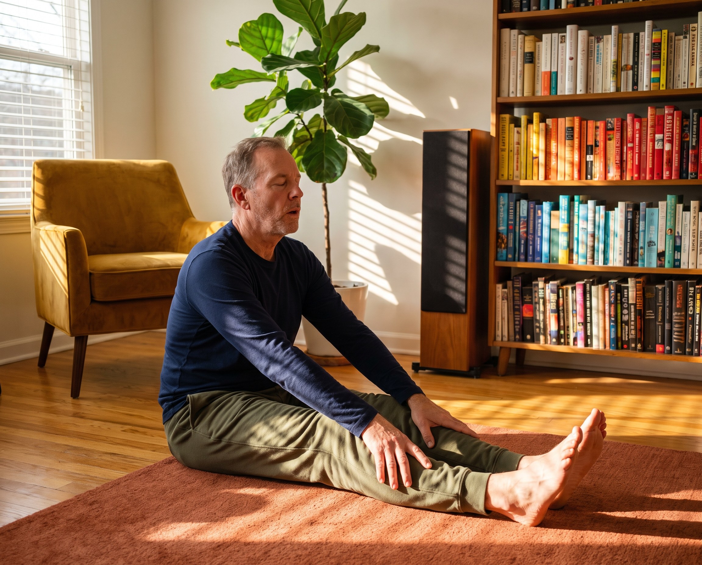 Man in his early 60s doing a slow seated stretch in a sunlit living room
