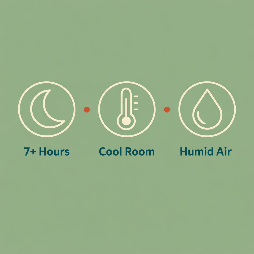 Infographic with three sleep habits for skin: 7+ hours, a cool room, and humid air