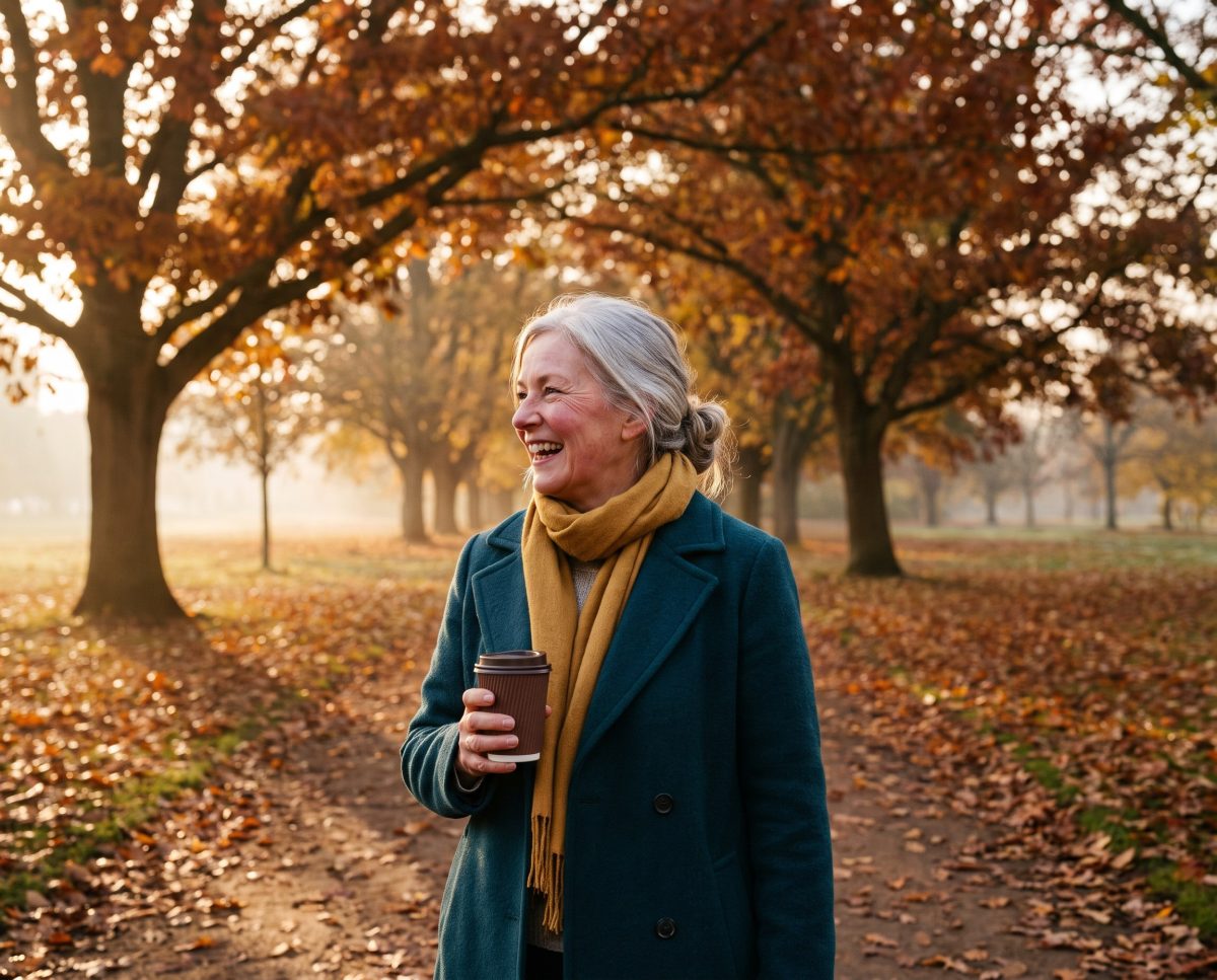 Smiling older woman with coffee in autumn park