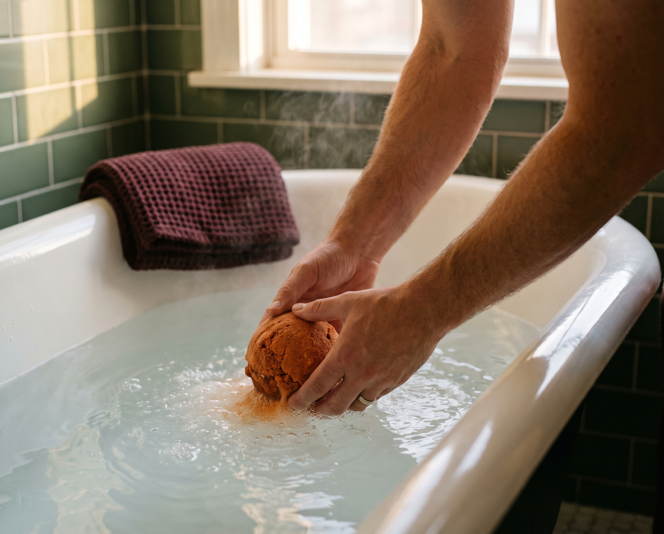 Close-up of man's hands lowering a rust-orange bath bomb into a steaming bathtub with sage green tile background