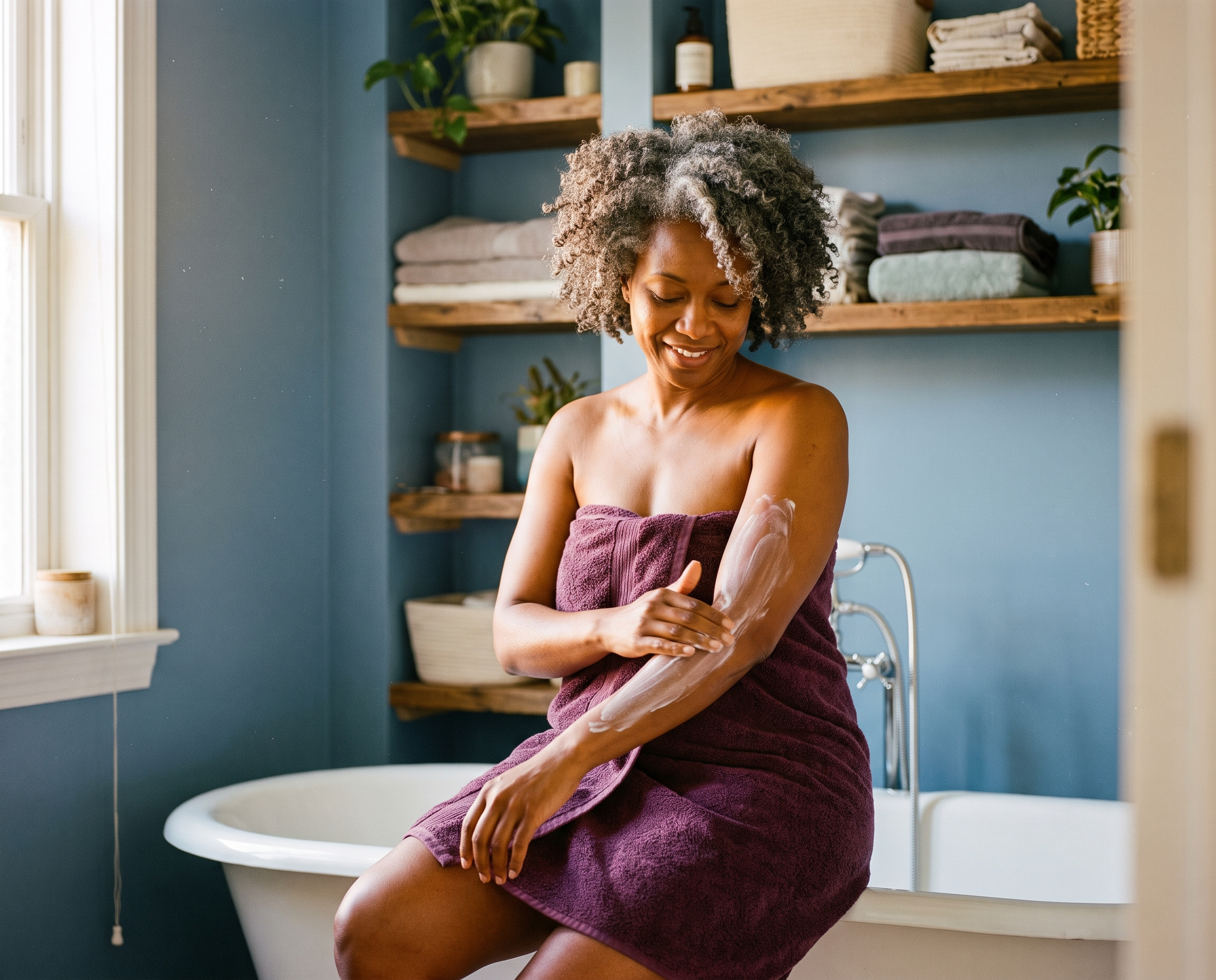 Black woman in her 60s with silver-streaked hair applying body lotion to forearm after a bath in a blue-walled bathroom