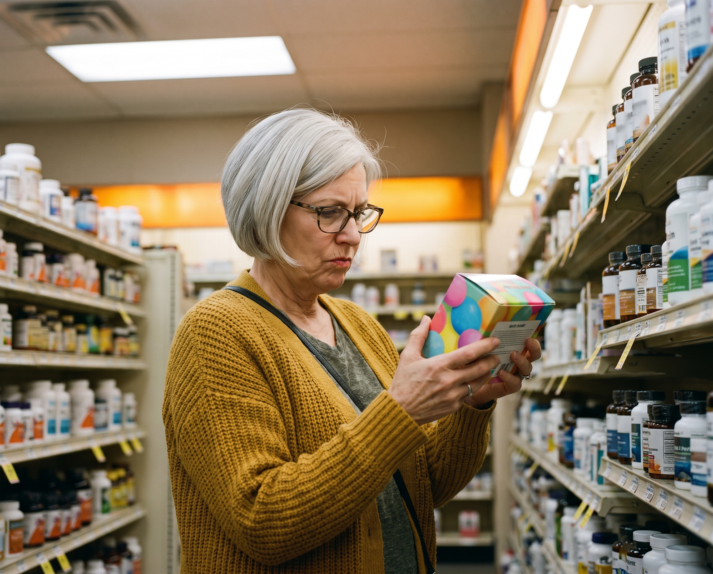 Woman with silver bob in mustard cardigan reading ingredient label on a bath bomb package in a pharmacy aisle