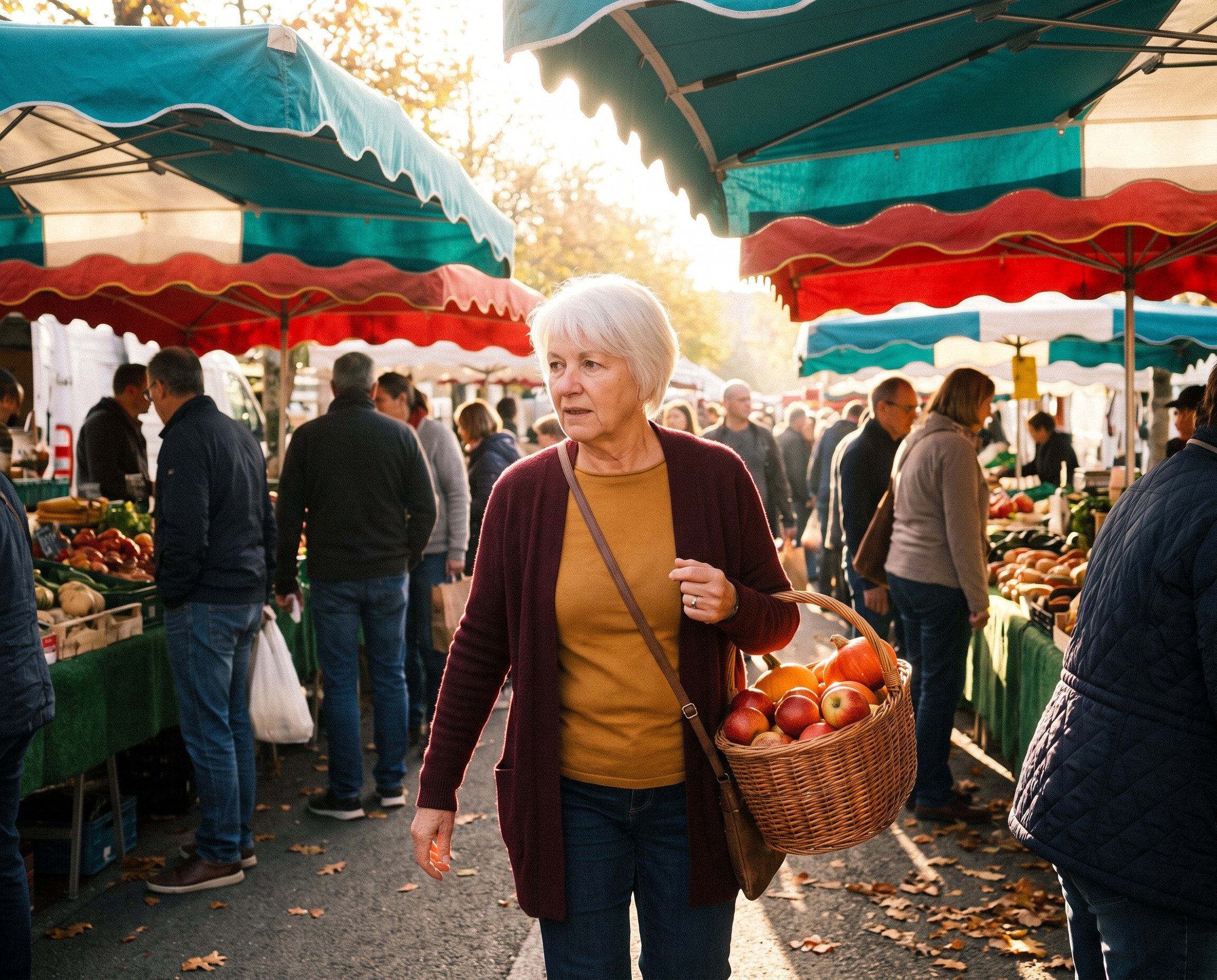 Woman in her 60s with white hair walking through an autumn farmers market with a basket of produce