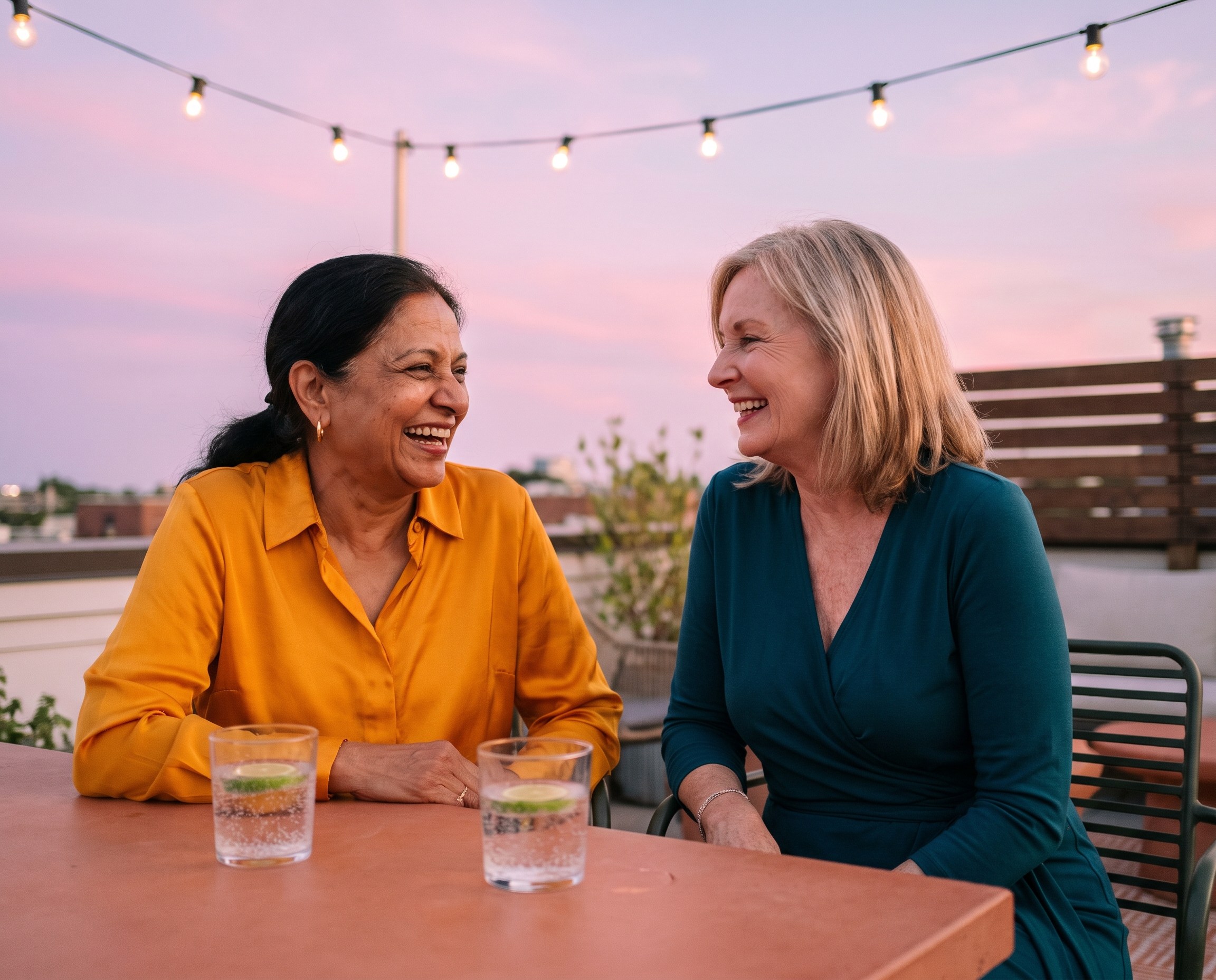 Two women in their 60s laughing together at a rooftop table at dusk