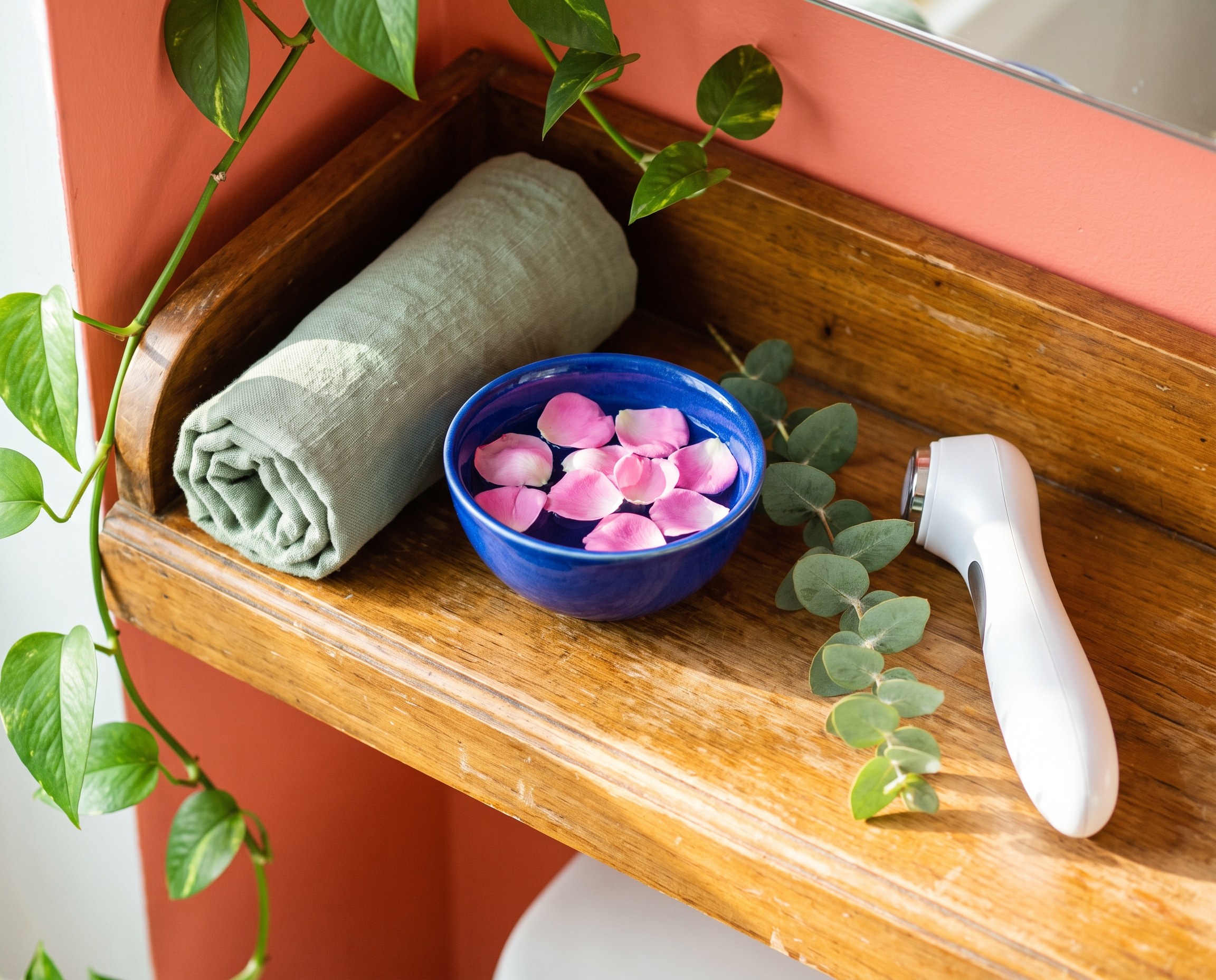 Sunlit bathroom shelf with a green towel, bowl of rose petals and a handheld facial device