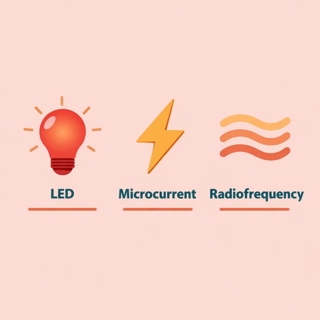 Infographic showing three skin care gadget types worth buying: LED, microcurrent and radiofrequency