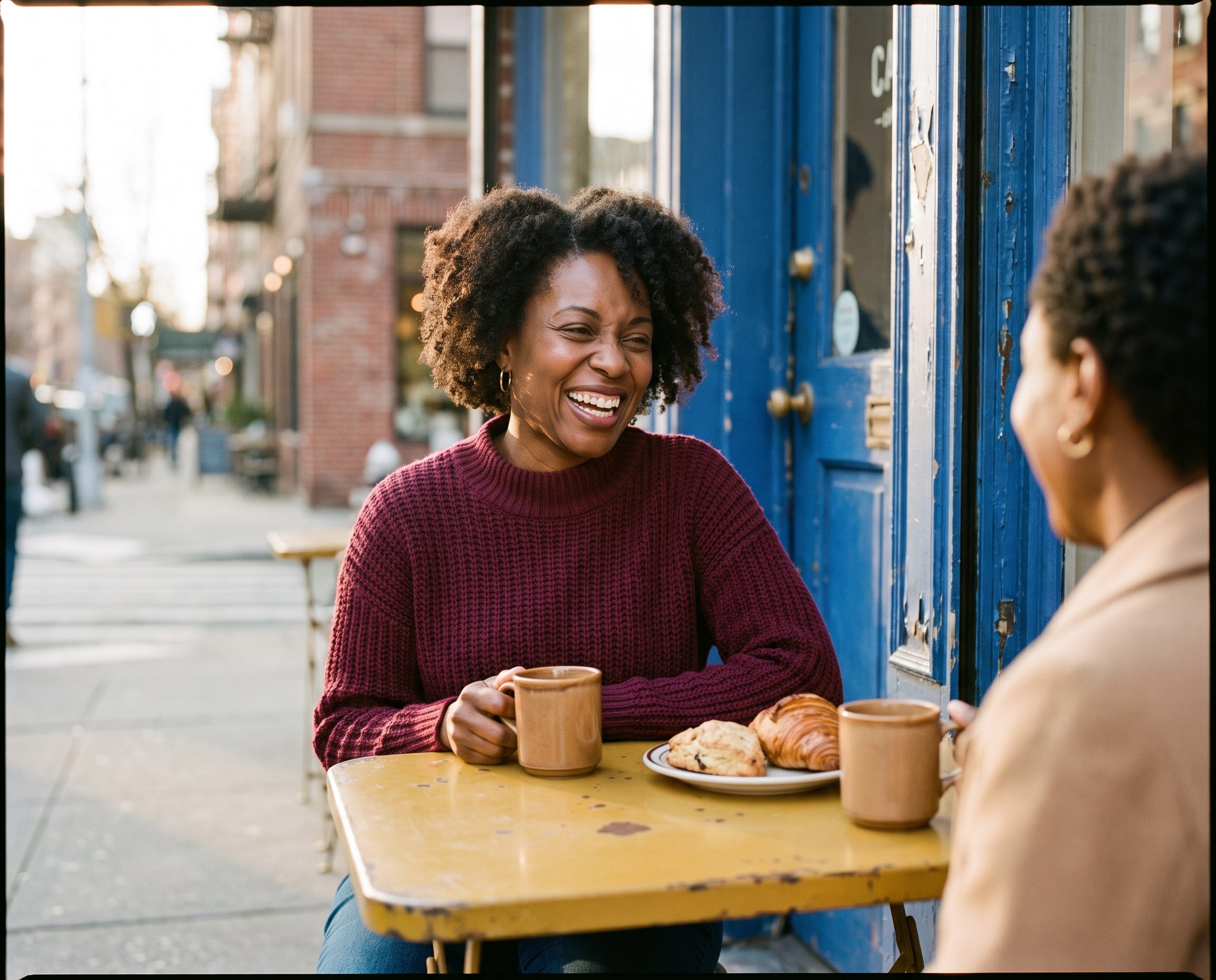 Two friends laughing over coffee at a sidewalk cafe table