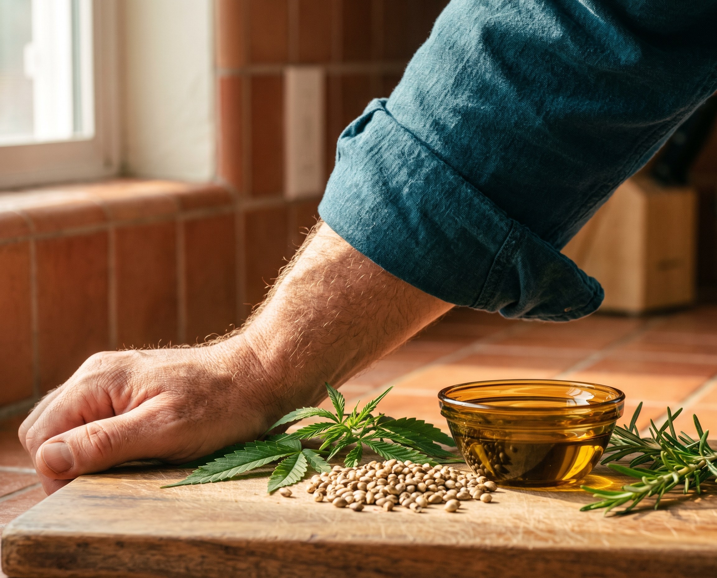 Close-up of a forearm beside hemp seeds, hemp leaves, and a small bowl of seed oil on a wooden board