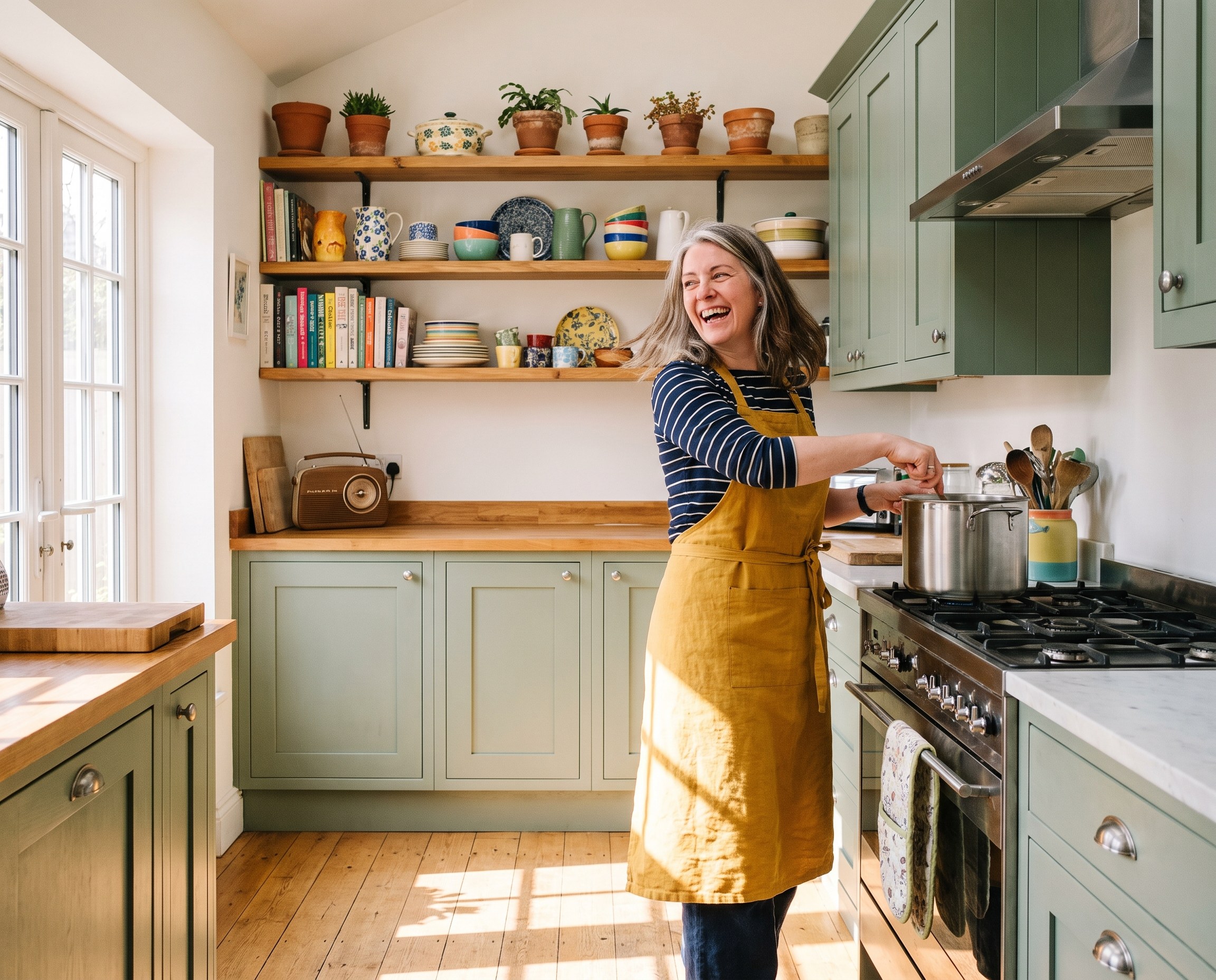 Woman in a mustard apron dancing while cooking in a bright sage green kitchen