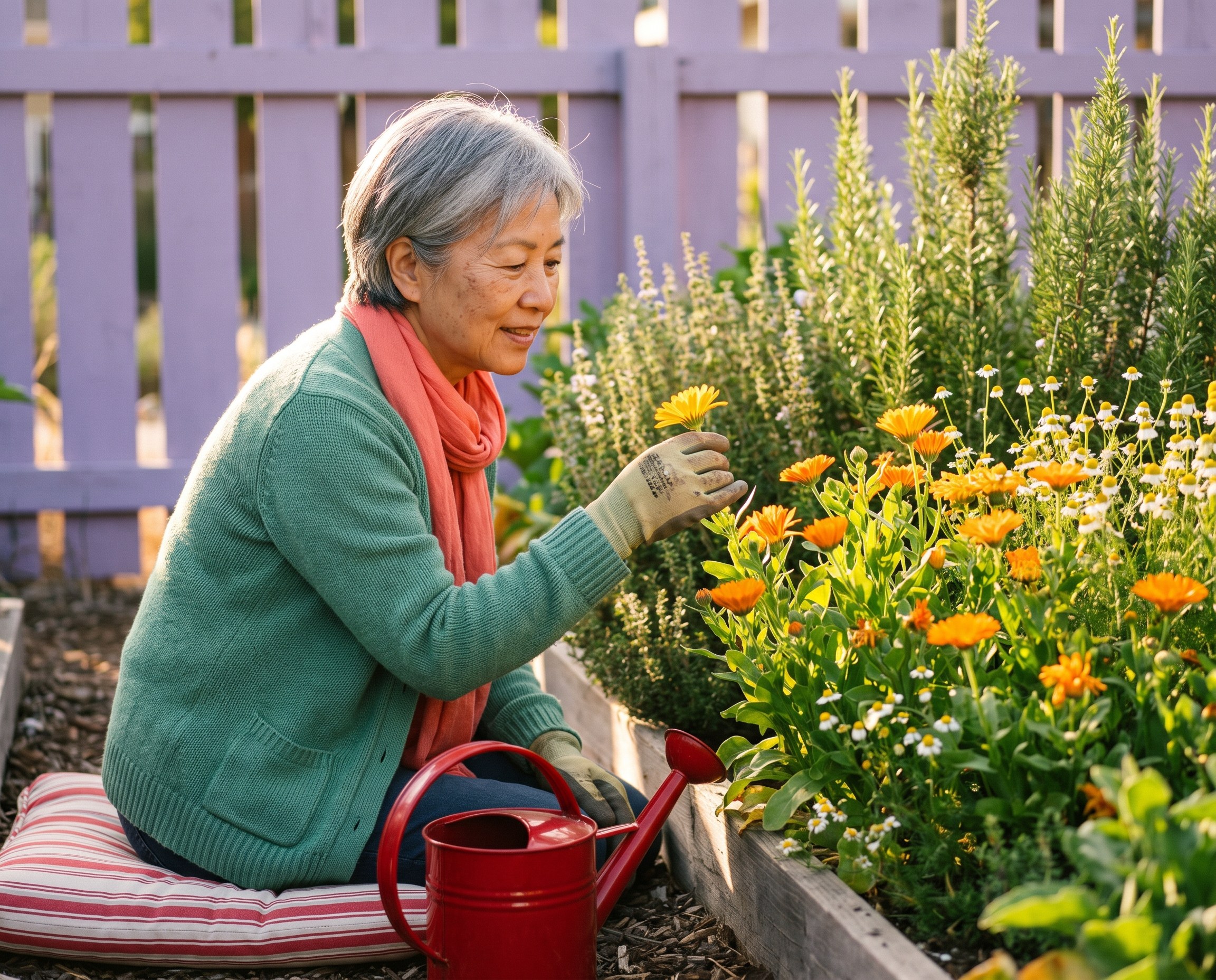 Woman in her 60s in a jade cardigan tending calendula and chamomile in a backyard garden
