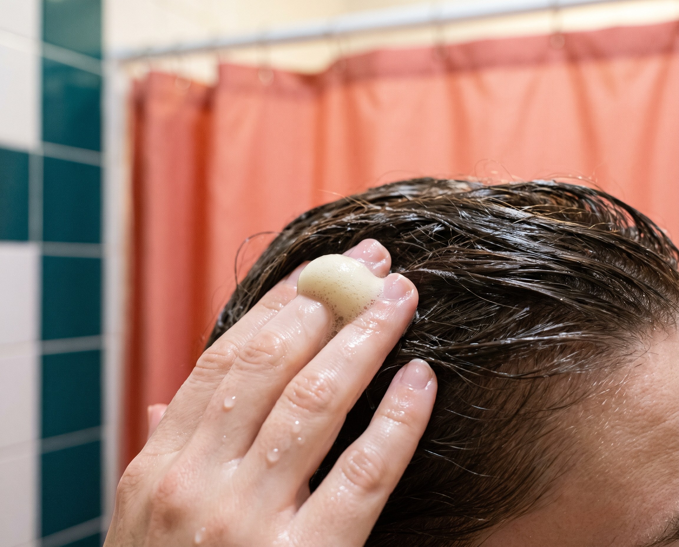 Hands working a small amount of shampoo into wet hair at the scalp