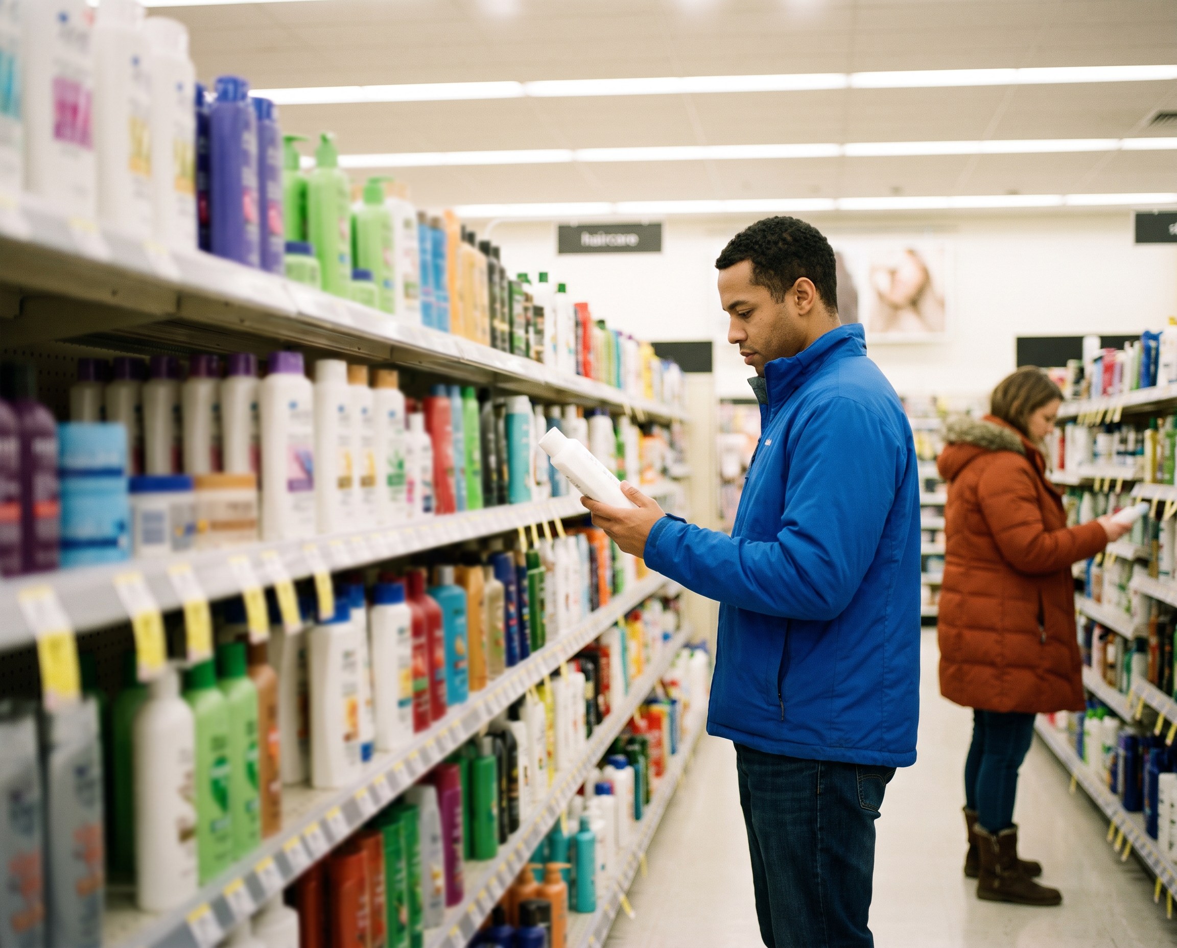 Man reading the back label of a shampoo bottle in a drugstore aisle