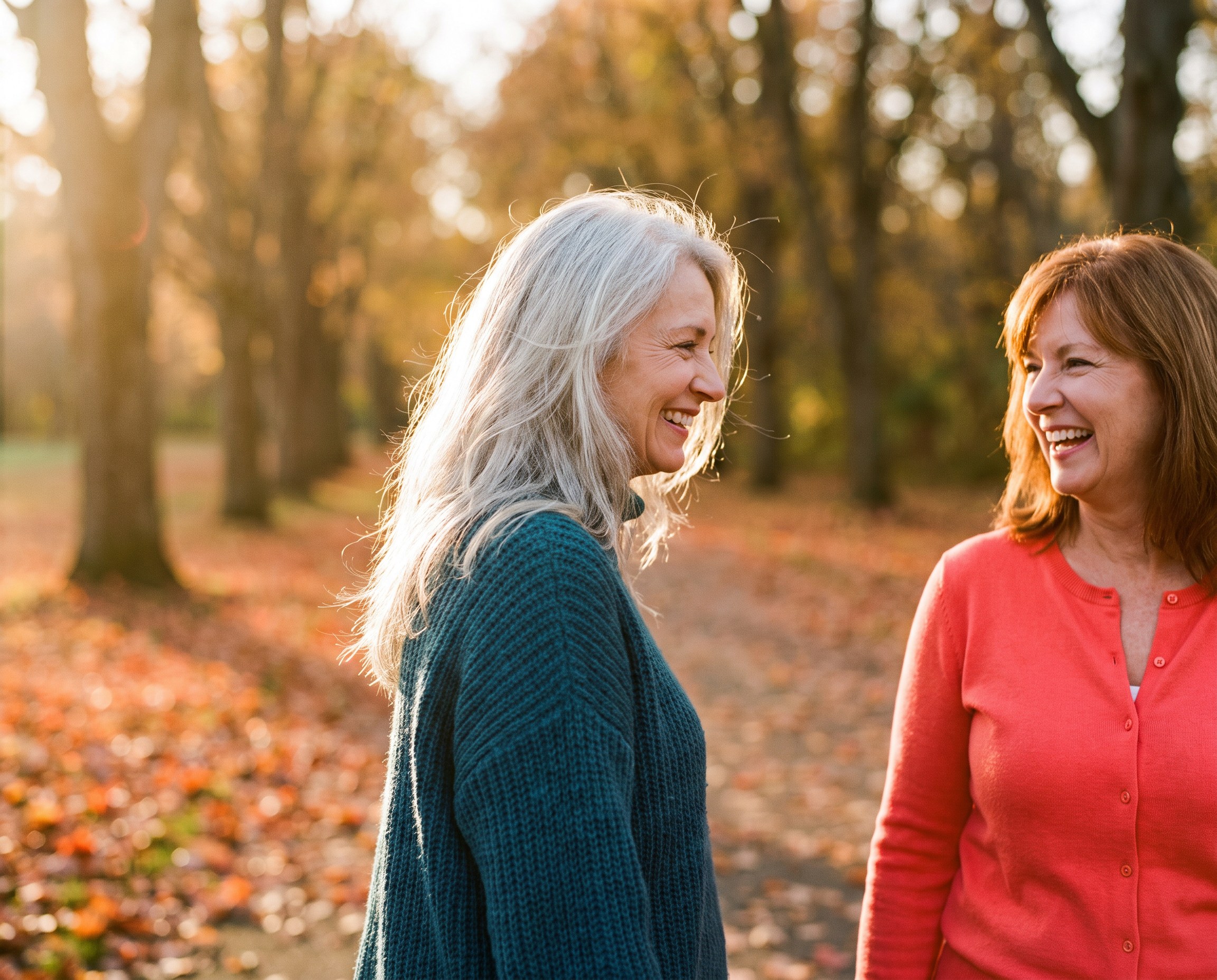 Two women with silver and auburn hair walking in an autumn park