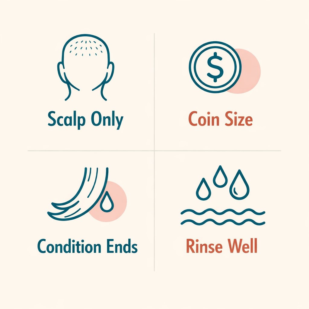 Four-step infographic for washing hair: scalp only, coin size, condition ends, rinse well