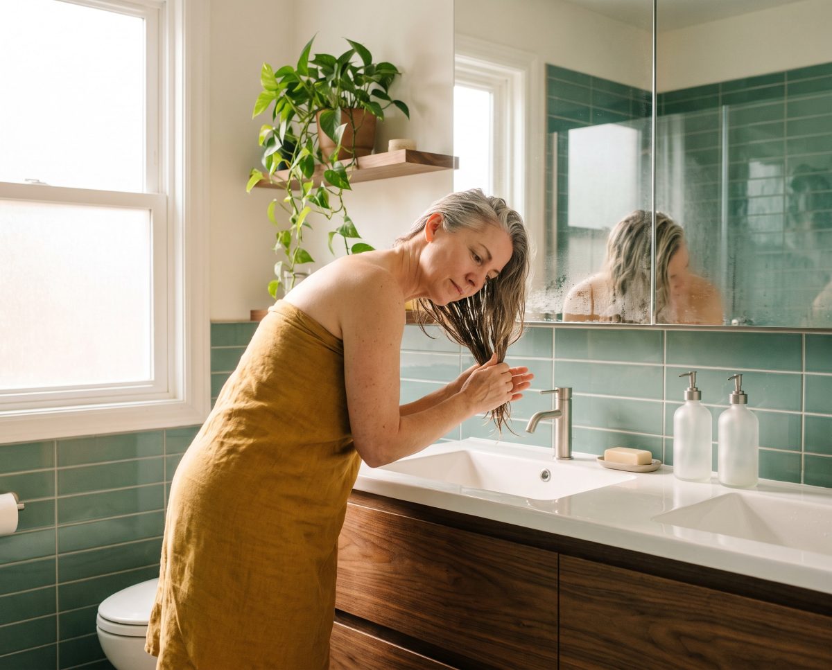 Woman drying wet hair beside bathroom sink
