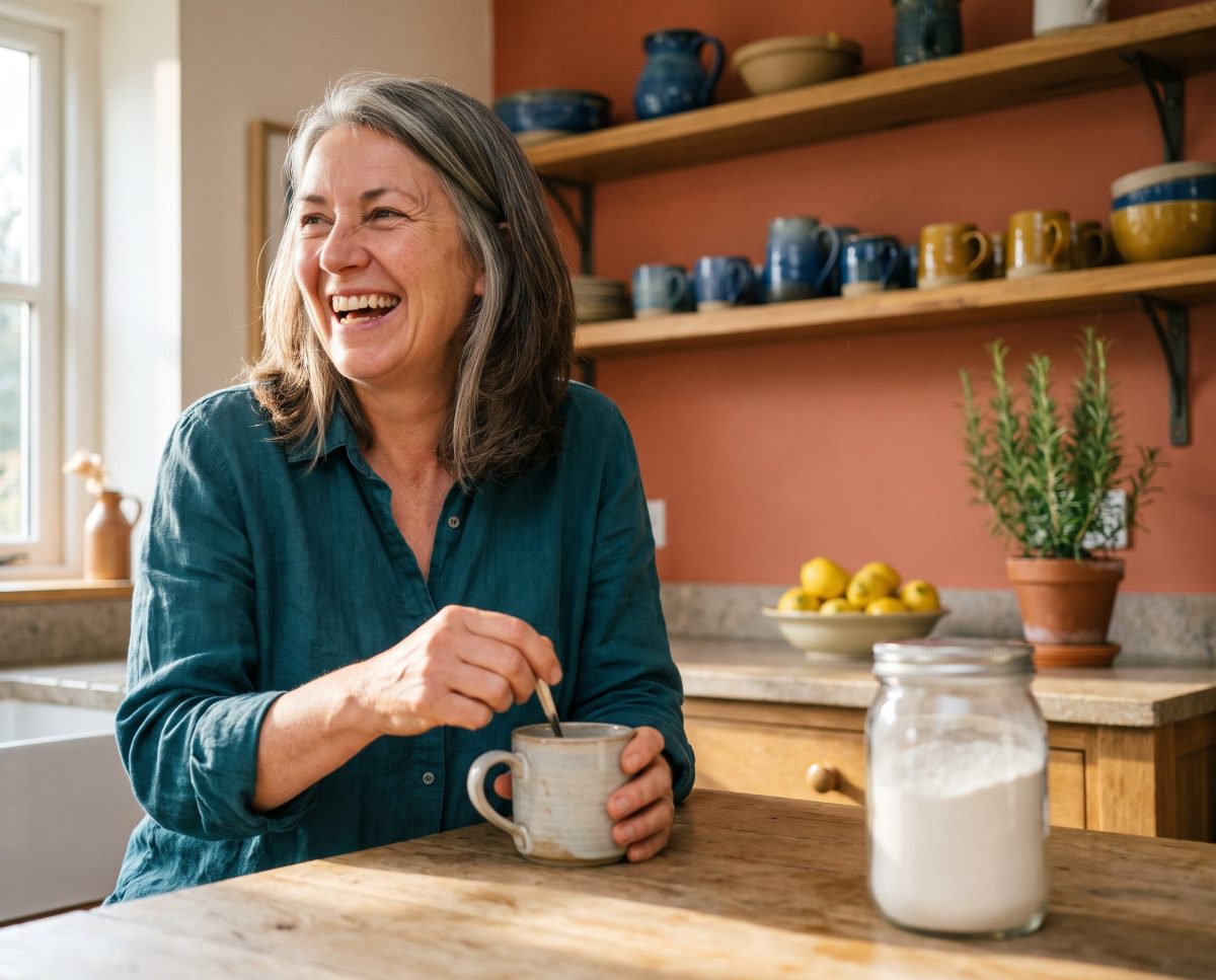 Smiling woman stirs drink in sunny kitchen