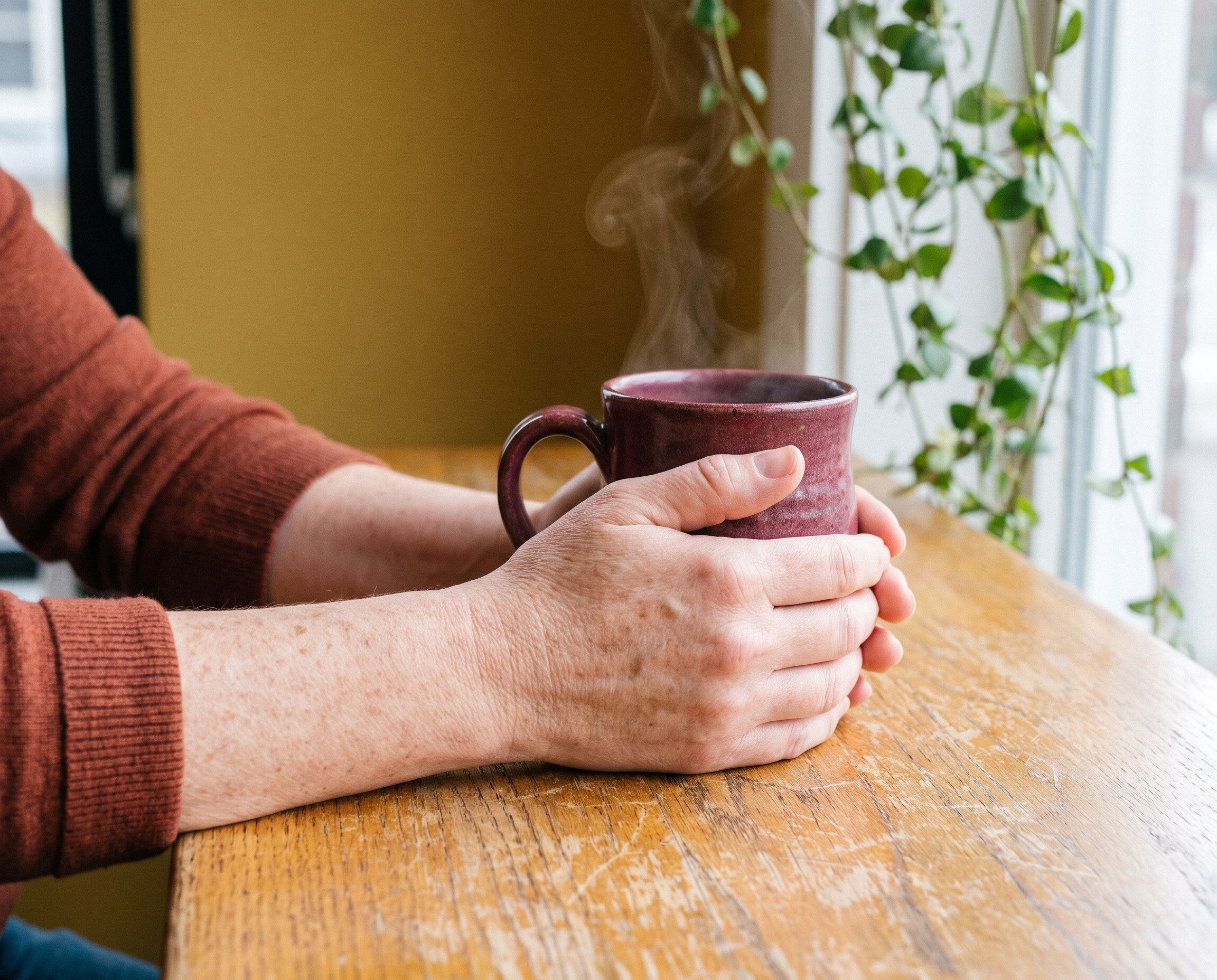Close-up of hands holding a burgundy ceramic mug on a wooden cafe table