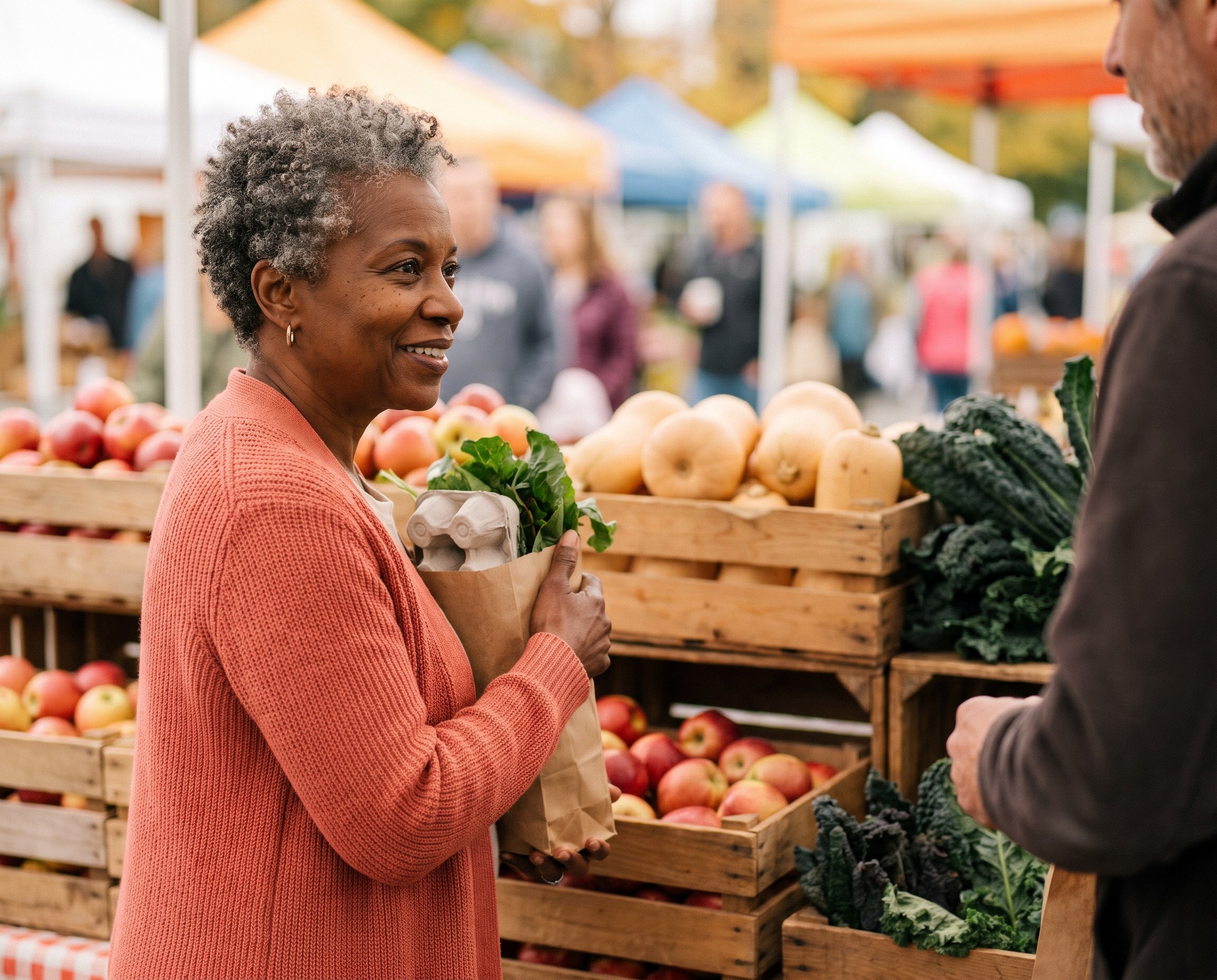 Woman with short gray hair in a coral cardigan shopping at an autumn farmers market